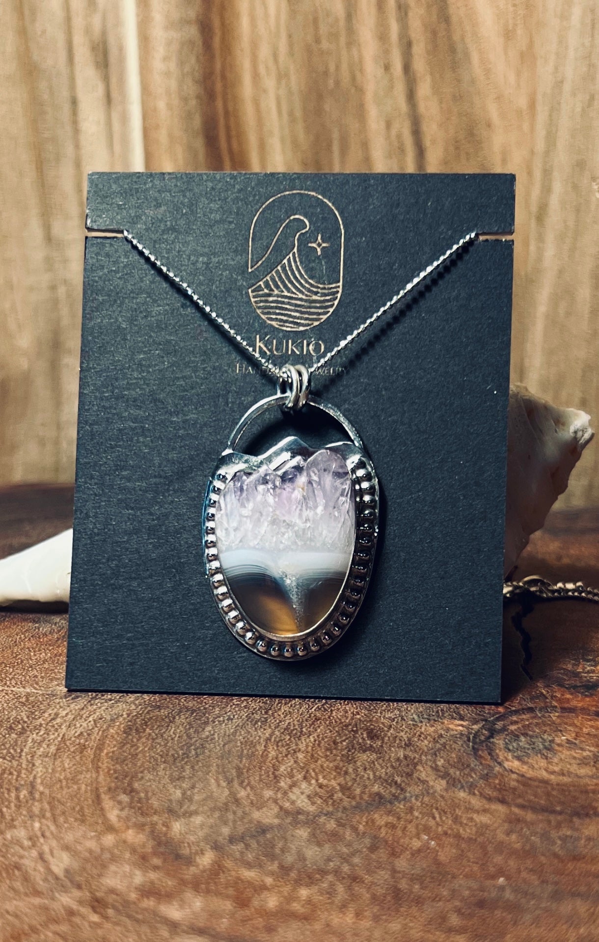 Brazilian Amethyst Agate with Crystal Edge Sterling Silver Pendant