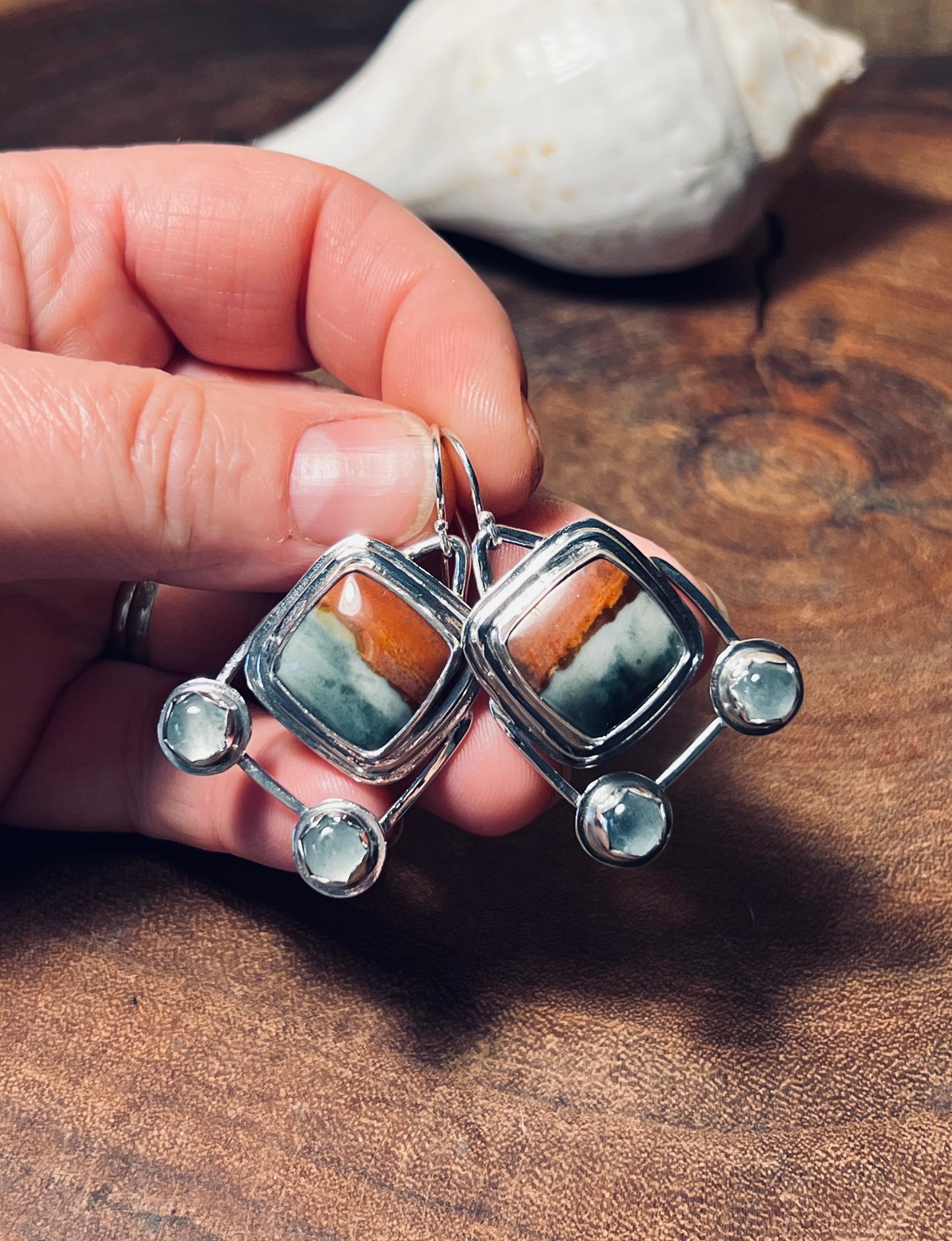 Polychrome Jasper and Aquamarine sterling silver earrings