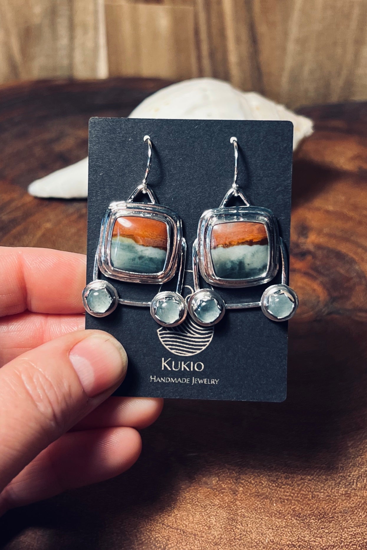 Polychrome Jasper and Aquamarine sterling silver earrings