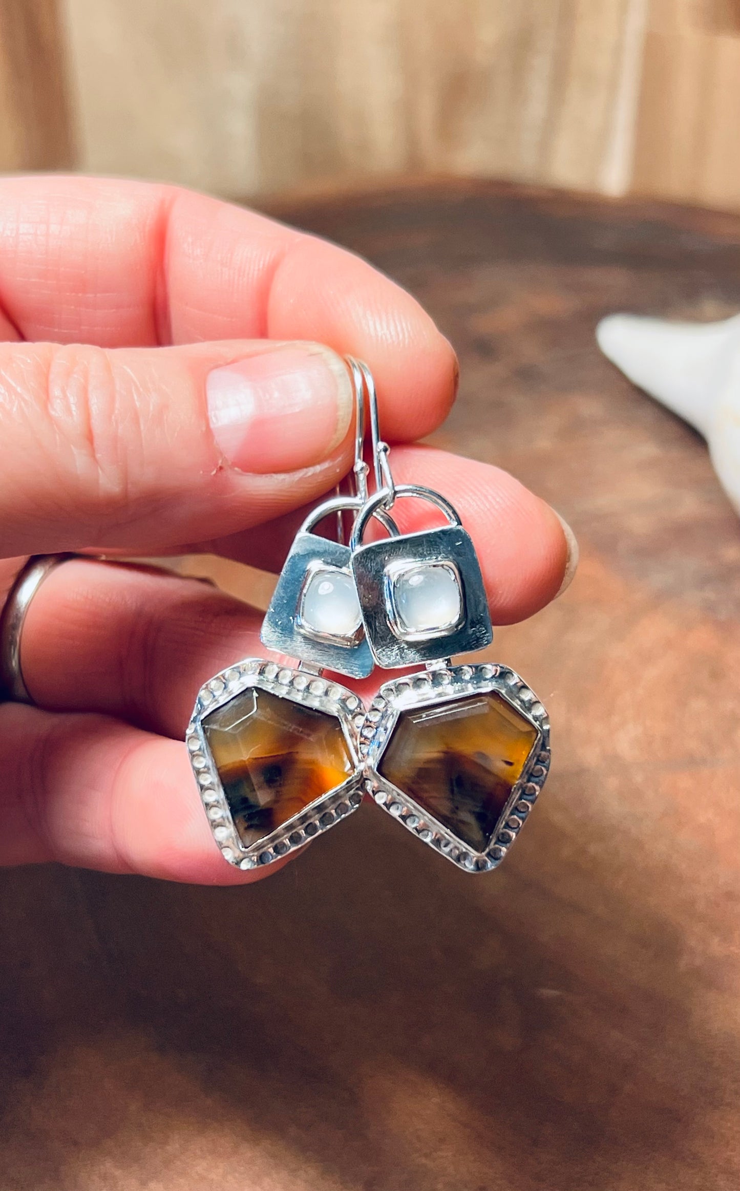 Geometric Montana Agate and Moonstone Sterling Silver Earrings