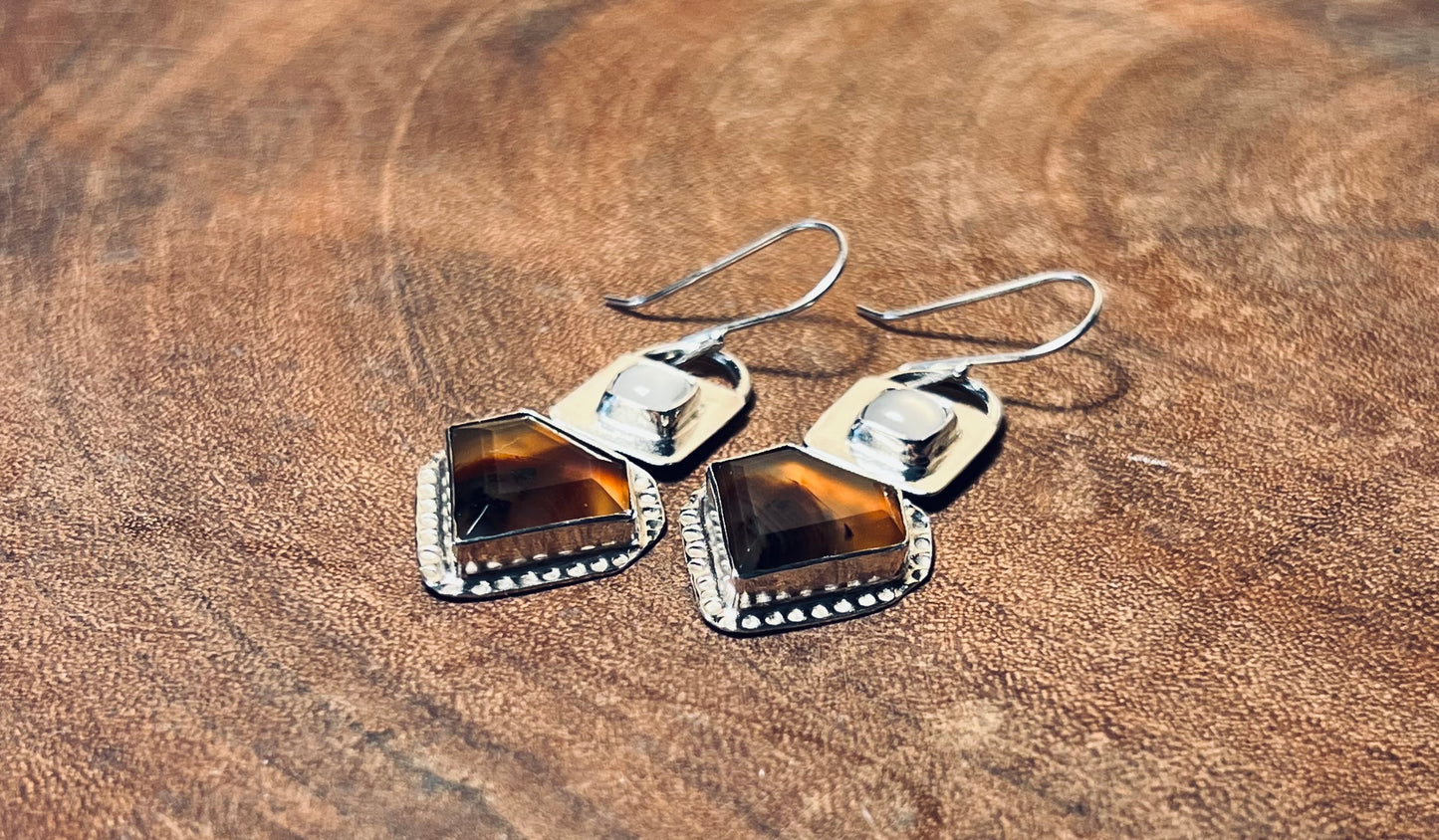Geometric Montana Agate and Moonstone Sterling Silver Earrings
