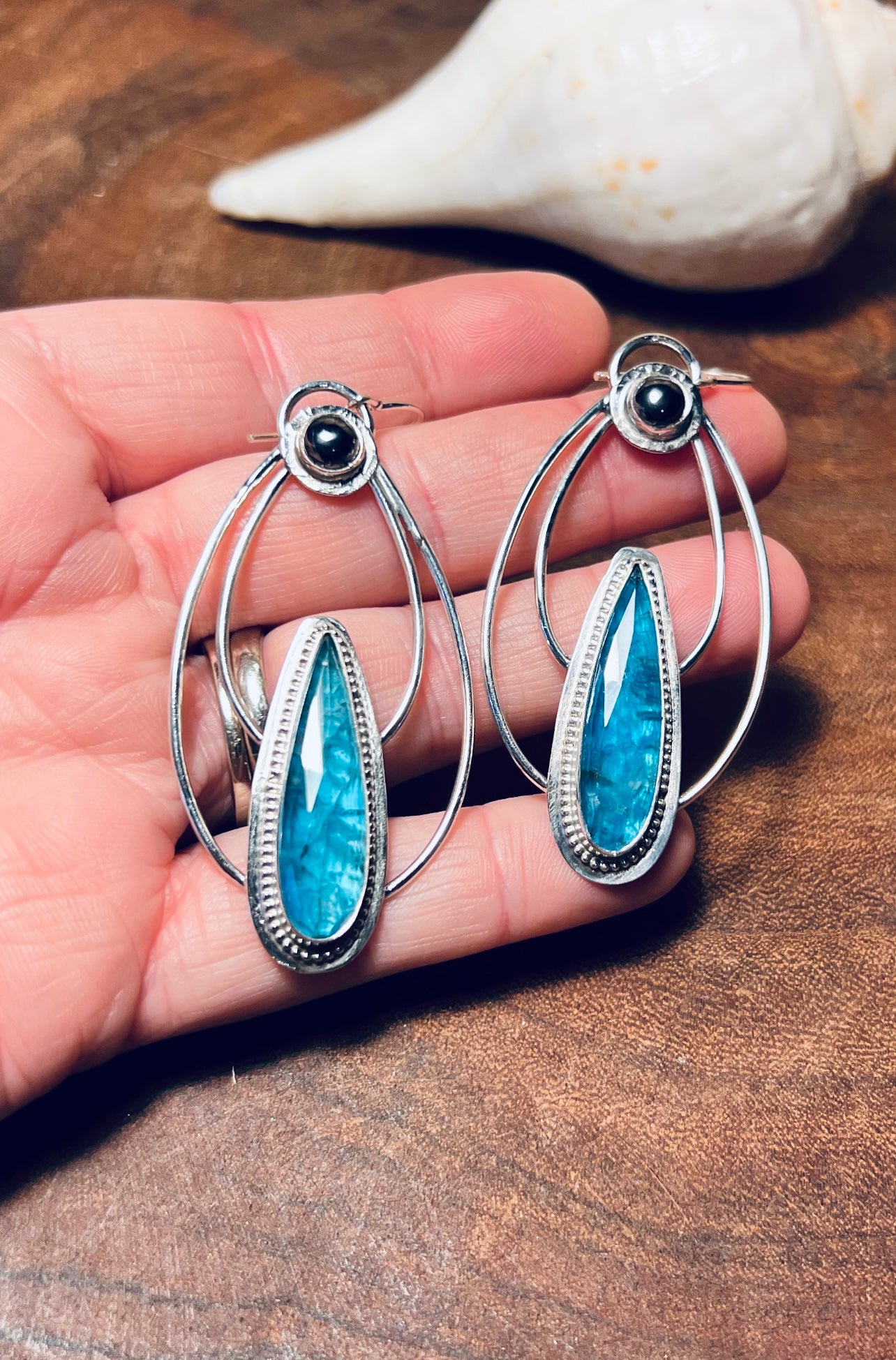 Neon Apatite Doublet and Hematite Sterling Silver Earrings