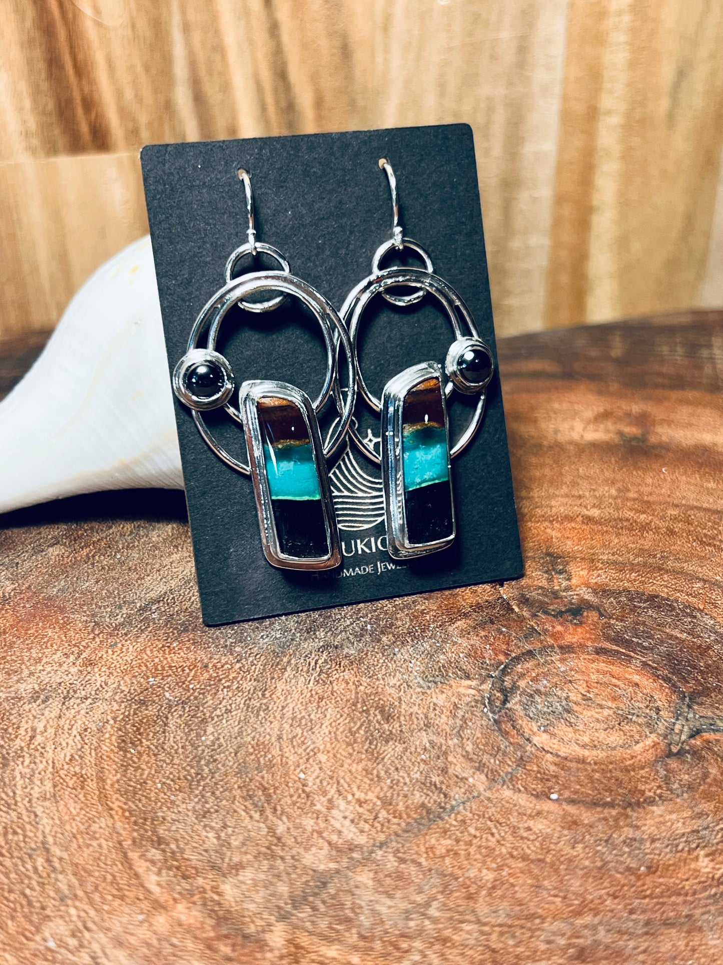 Blue Opalized Wood and Hematite Hoop Earrings