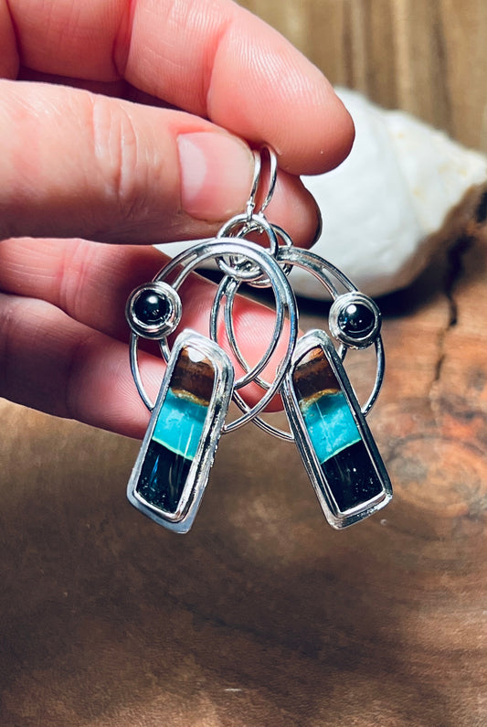 Blue Opalized Wood and Hematite Hoop Earrings