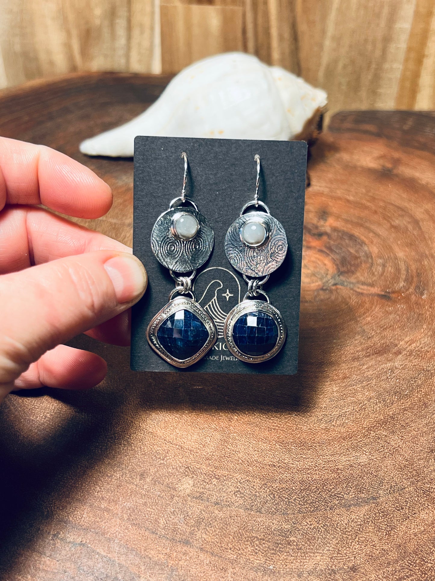 Blue Sapphire and Gray Moonstone Sterling Silver Dangle Earrings