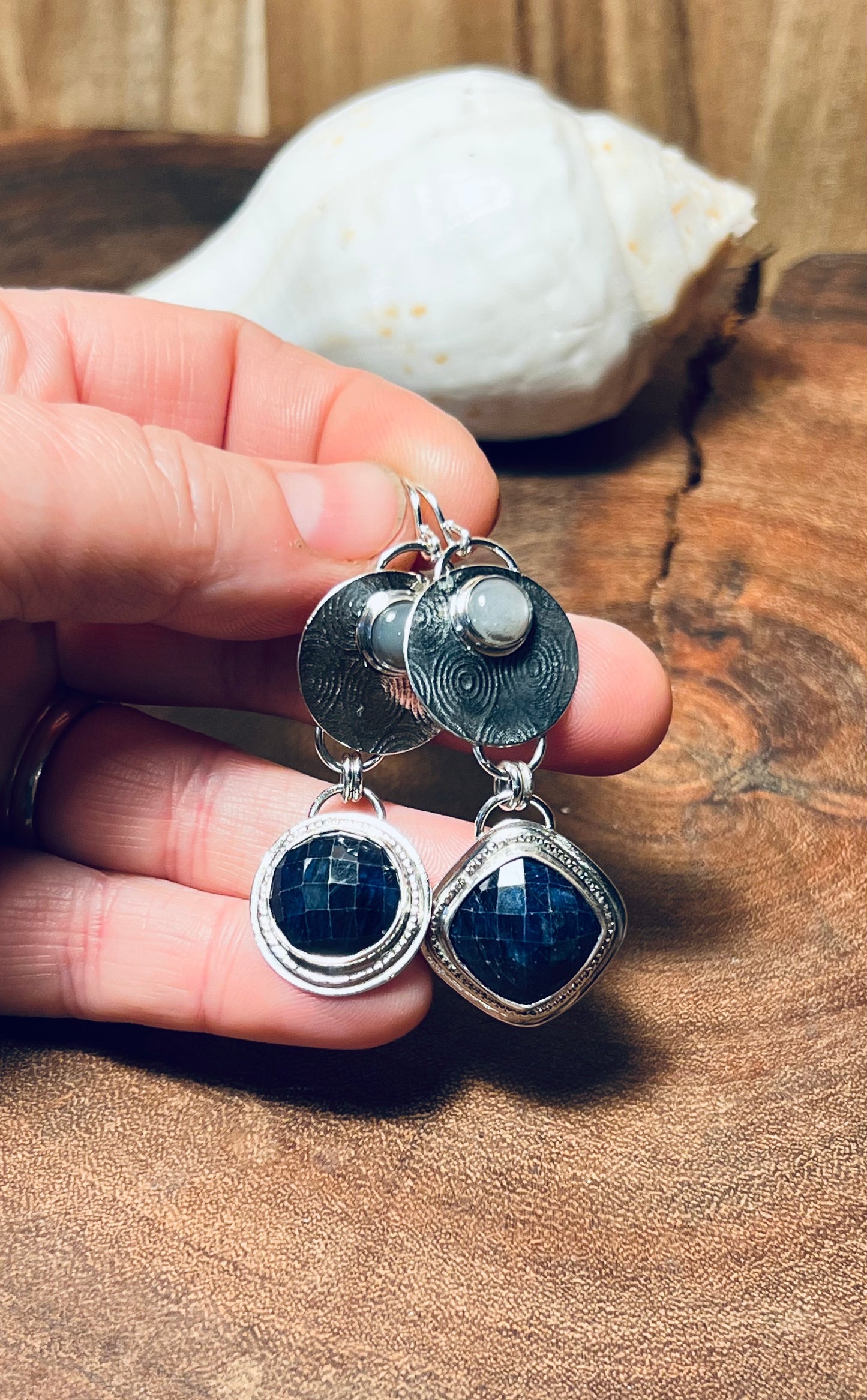 Blue Sapphire and Gray Moonstone Sterling Silver Dangle Earrings