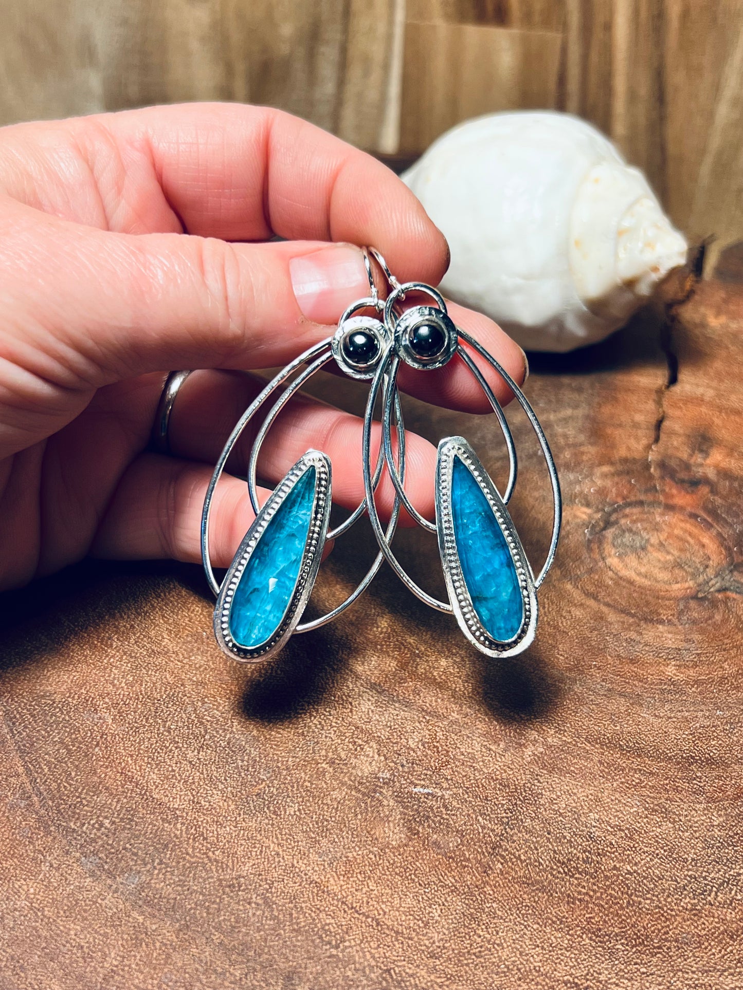 Neon Apatite Doublet and Hematite Sterling Silver Earrings