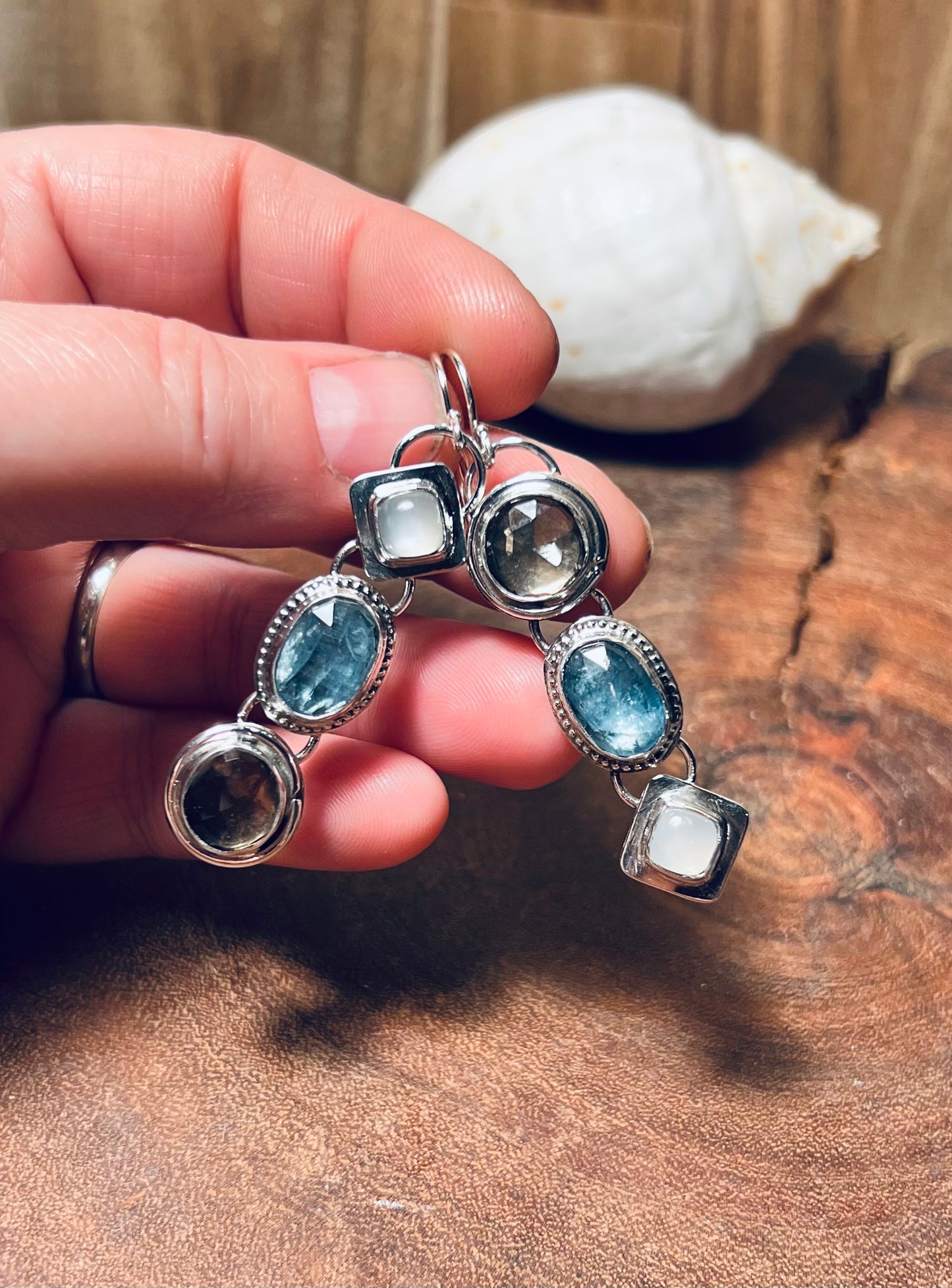 Sterling Silver Triple Stone Aqua Kyanite Earrings