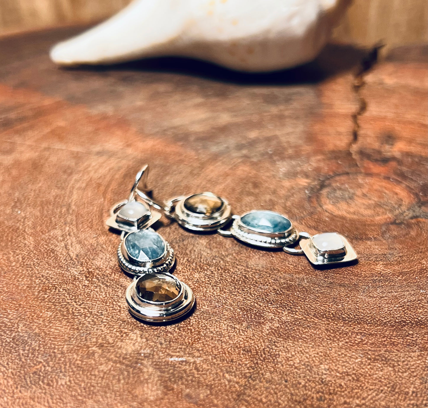 Sterling Silver Triple Stone Aqua Kyanite Earrings