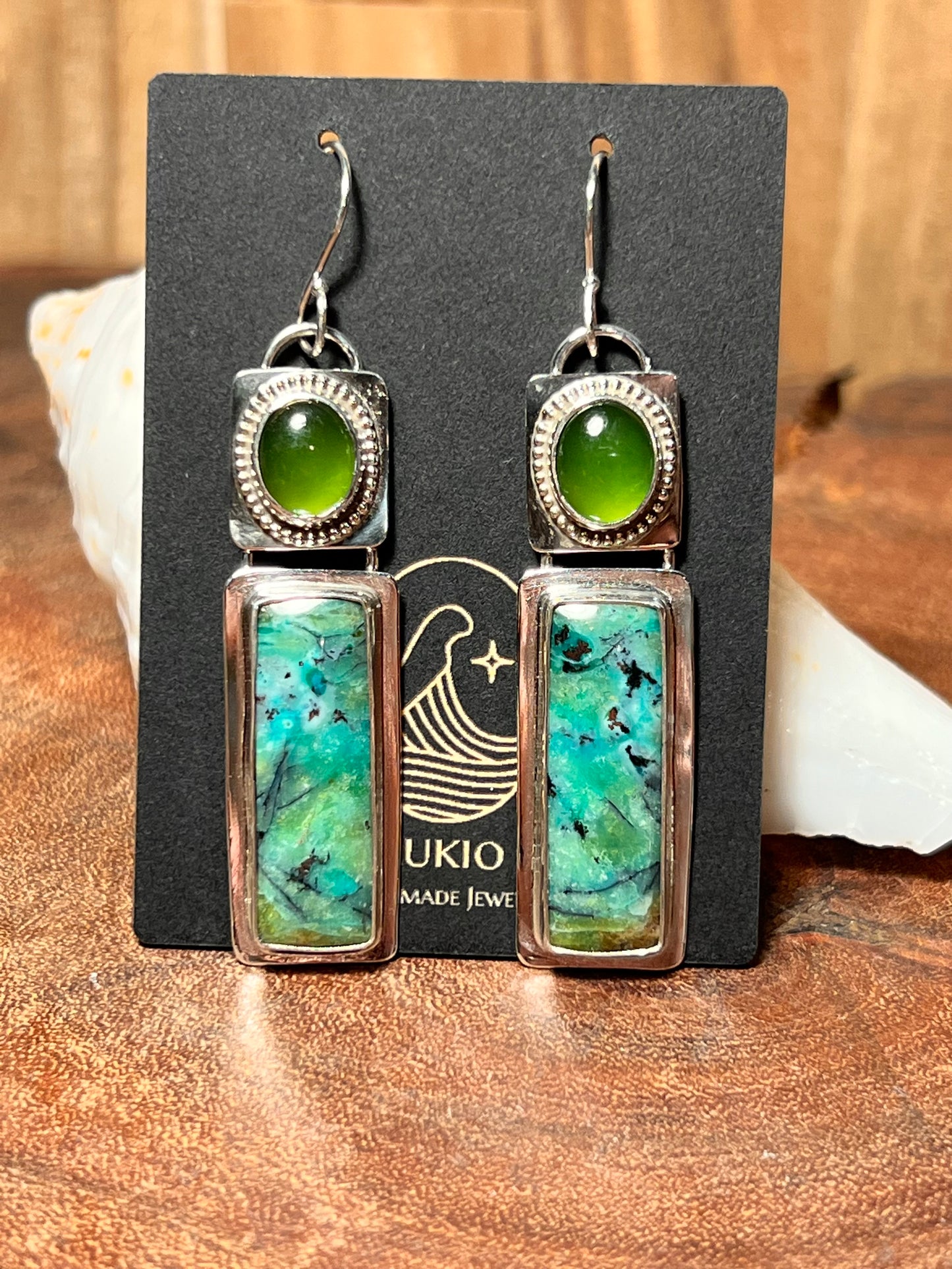 Opalized Wood and Serpentine Sterling Silver Earrings