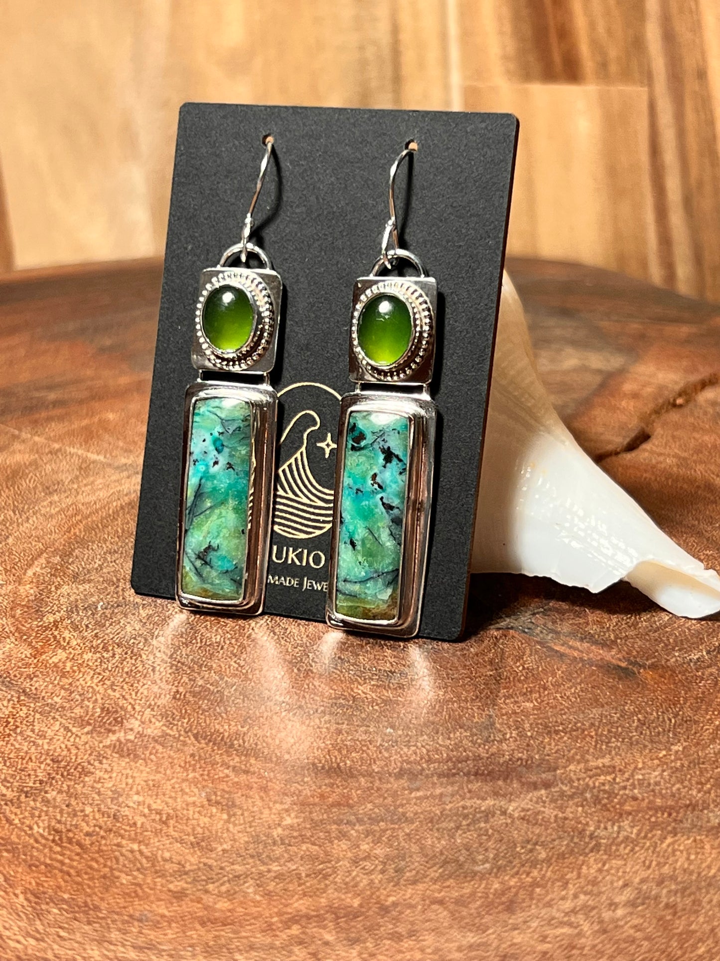 Opalized Wood and Serpentine Sterling Silver Earrings