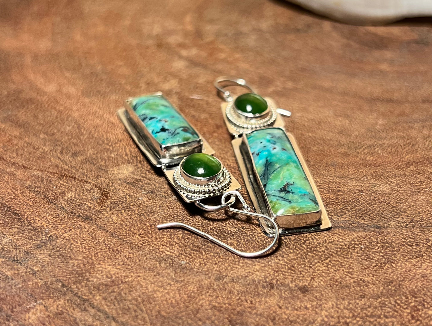 Opalized Wood and Serpentine Sterling Silver Earrings