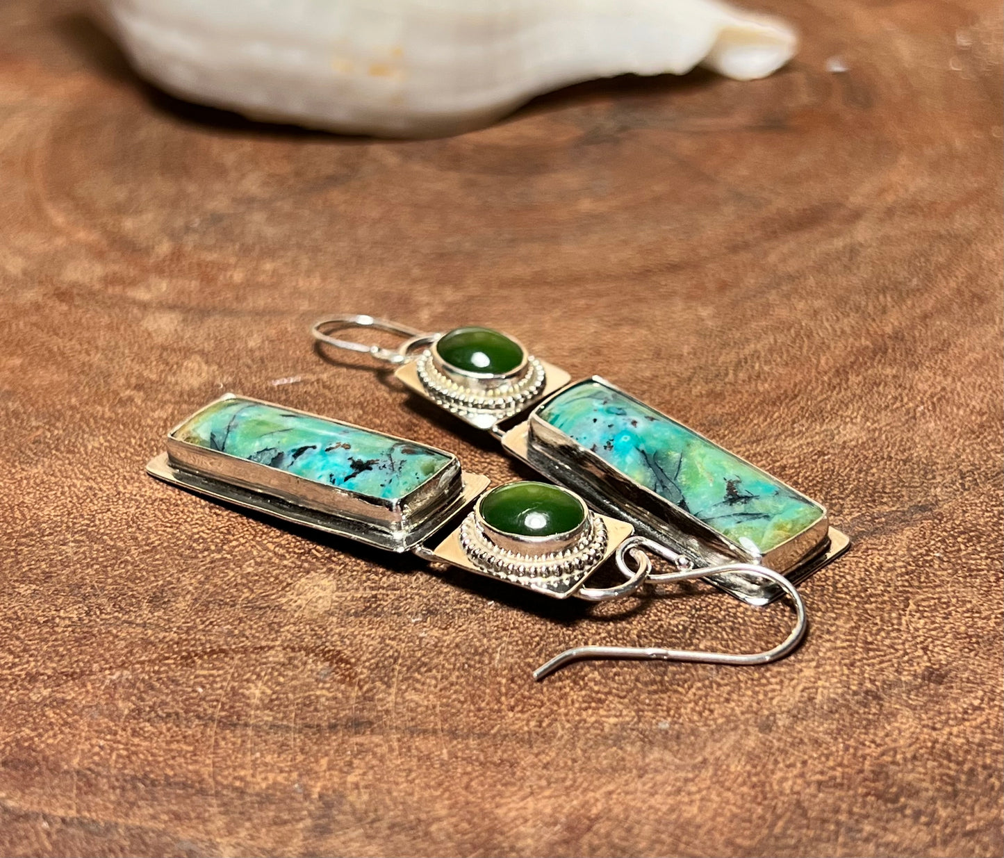 Opalized Wood and Serpentine Sterling Silver Earrings