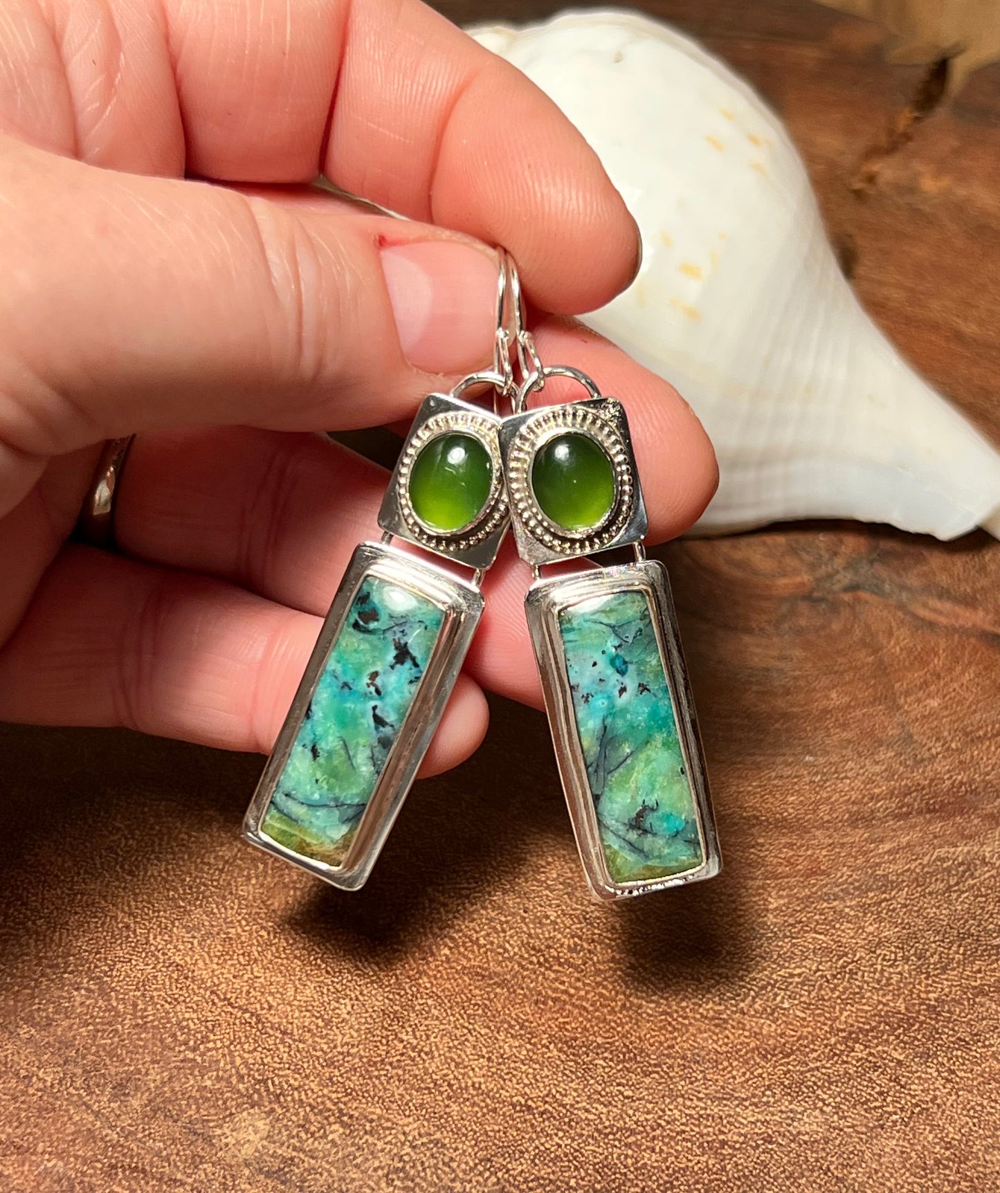 Opalized Wood and Serpentine Sterling Silver Earrings