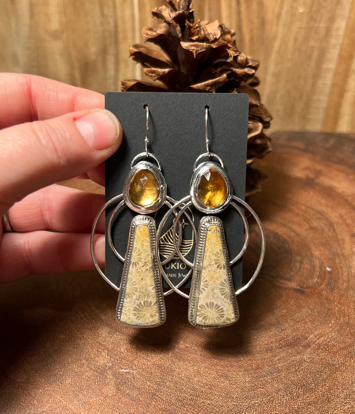 Fossilized Coral and Citrine Sterling Silver Earrings