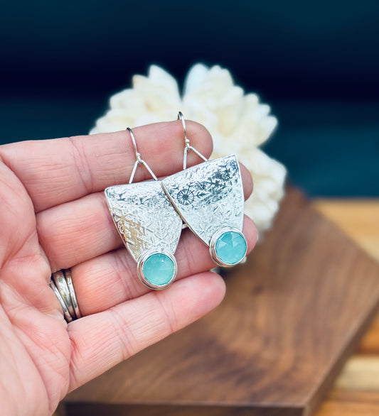 Sterling Silver Snowflake Aqua Chalcedony Earrings