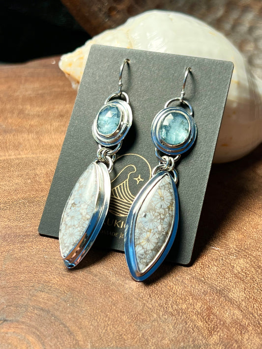 Fossilized Coral and Aqua Kyanite Sterling Silver Earrings