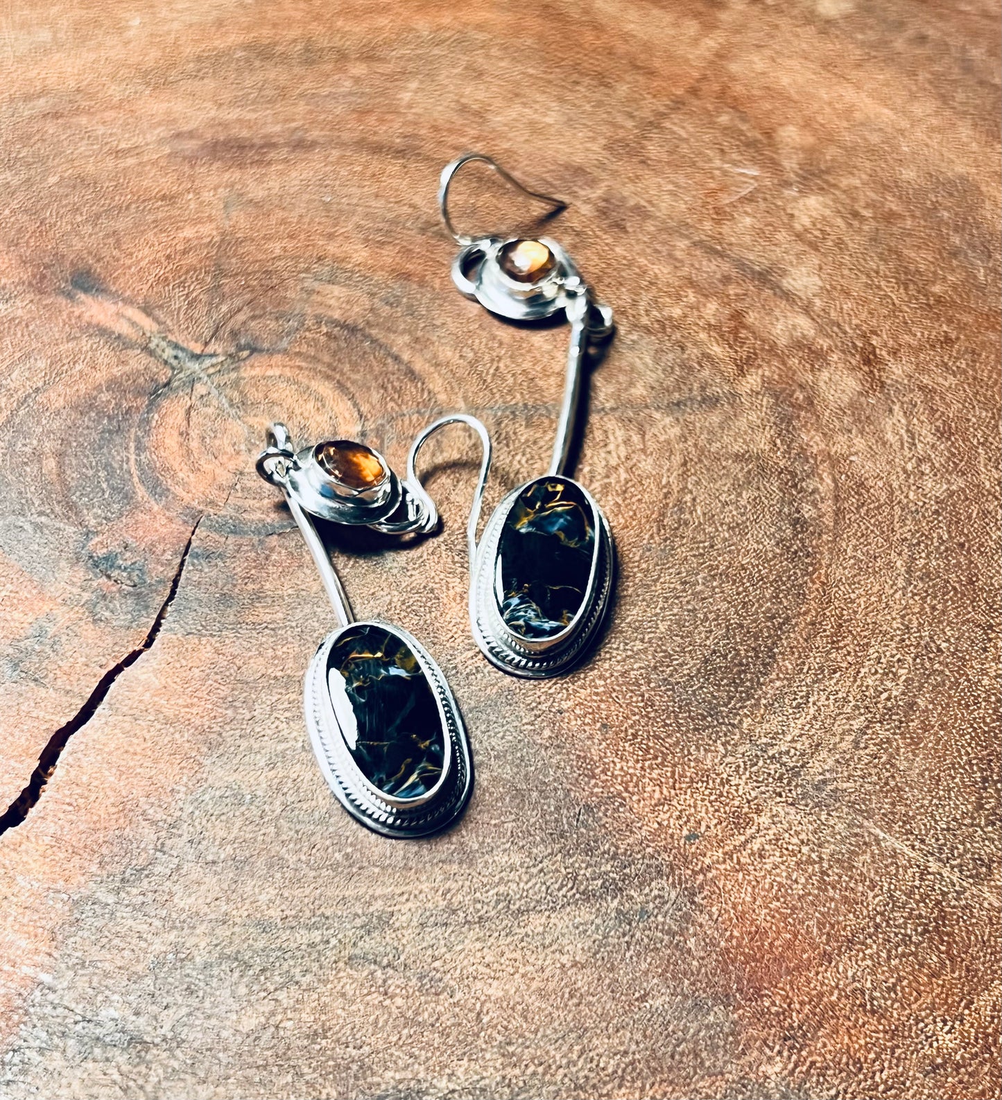 Pietersite and Imperial Topaz Sterling Silver Earrings