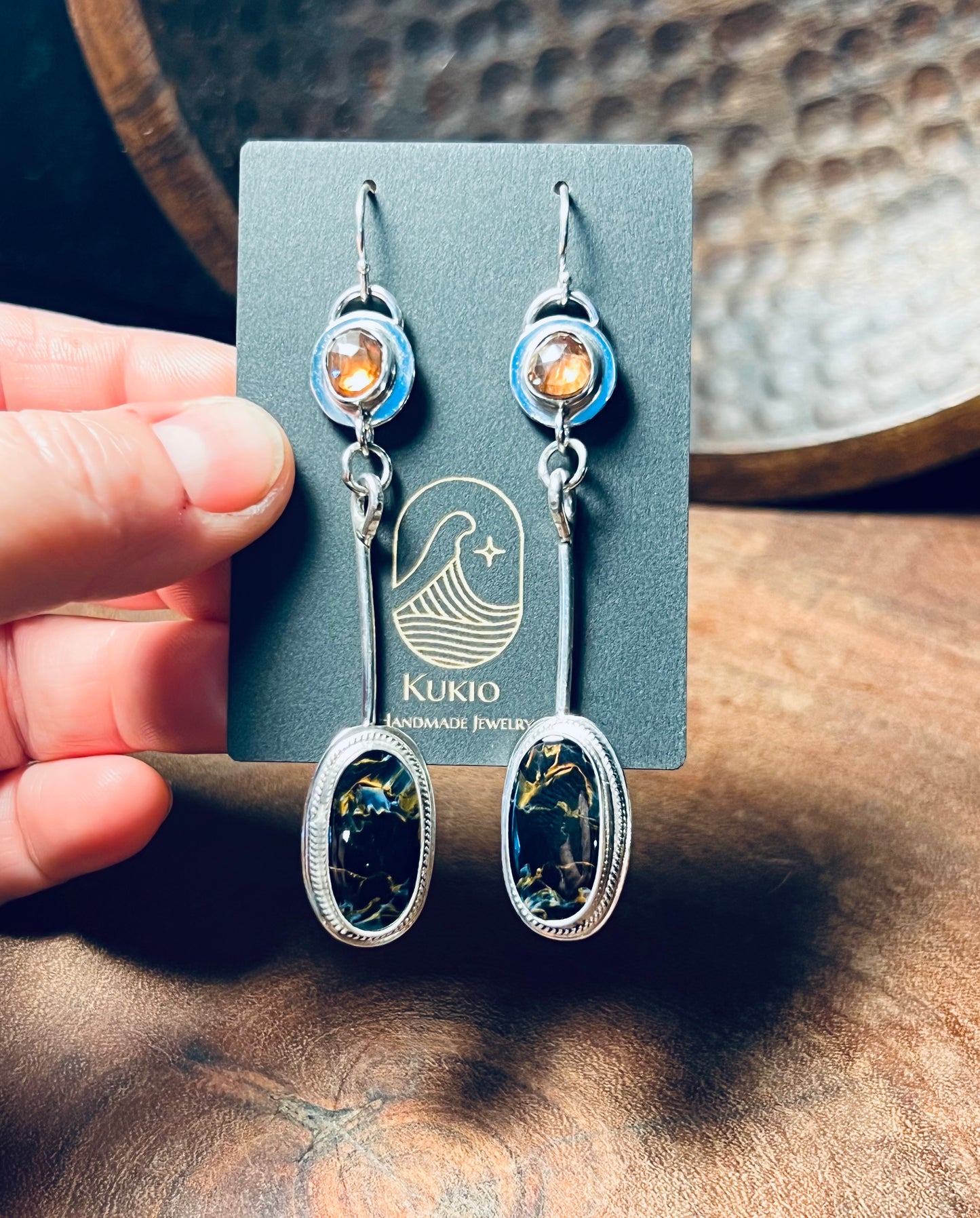 Pietersite and Imperial Topaz Sterling Silver Earrings