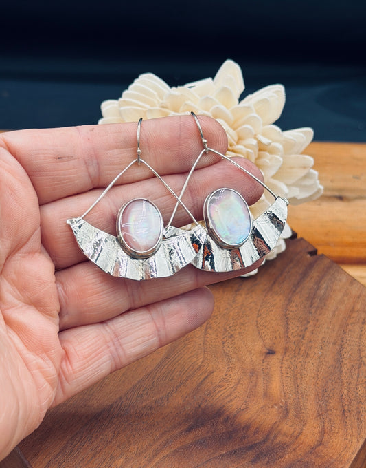 Pink Conch Shell Sterling Silver Patterned Fan Earrings