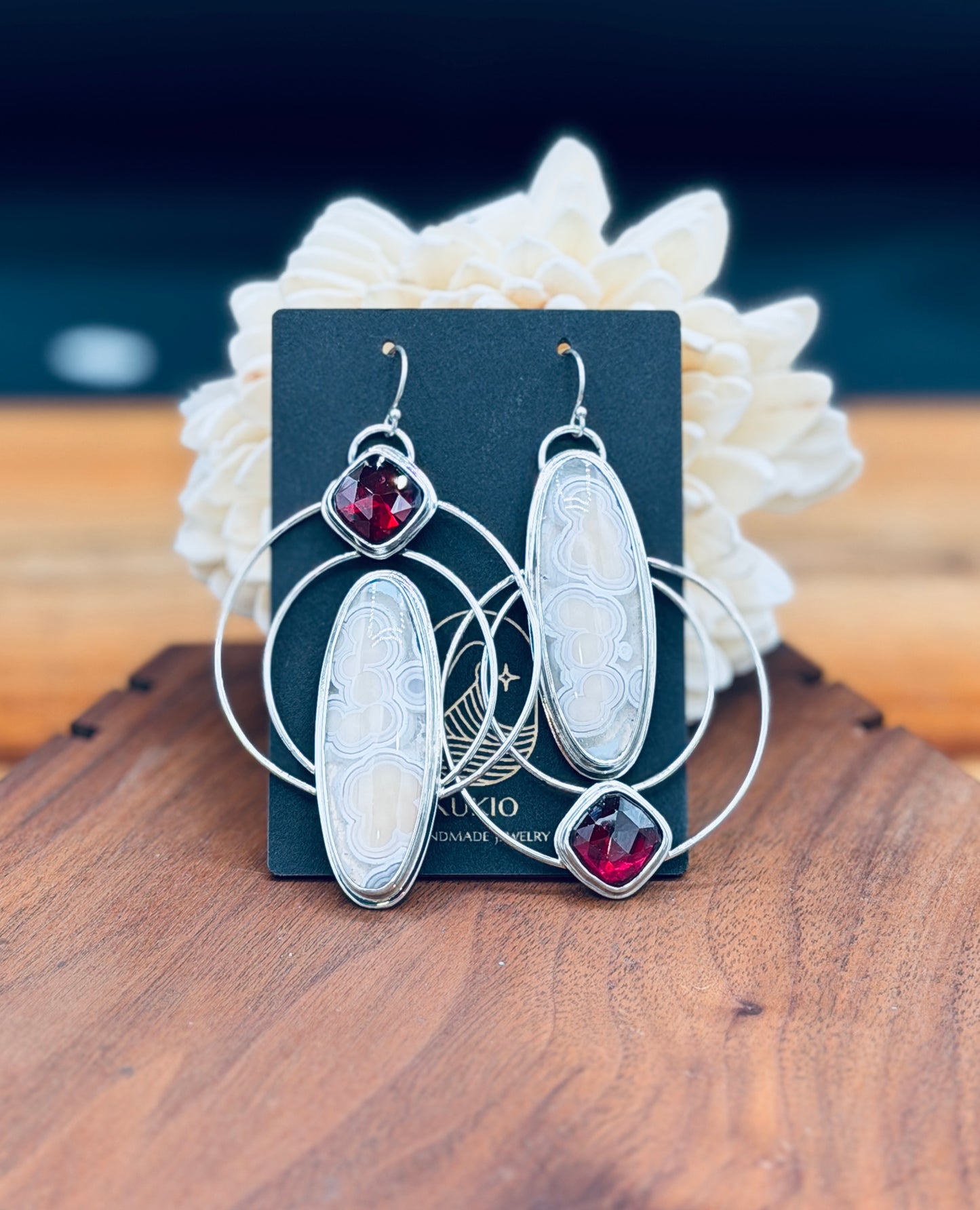 Sterling Silver Orbicular Agate and Garnet Earrings