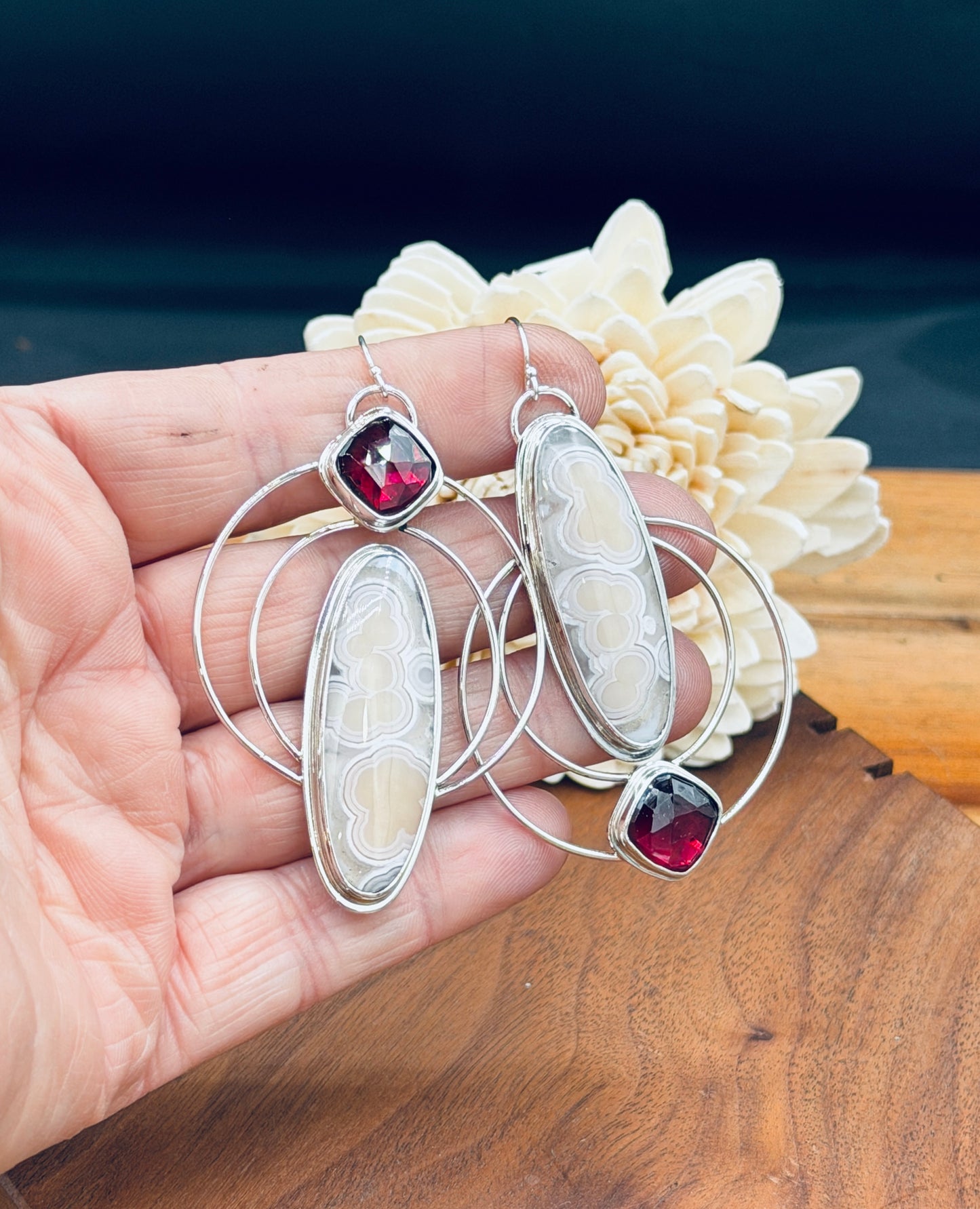 Sterling Silver Orbicular Agate and Garnet Earrings