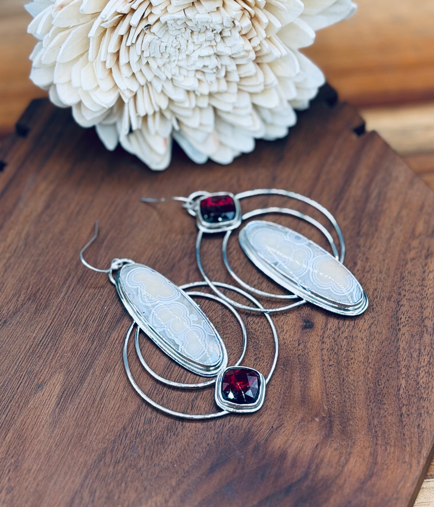 Sterling Silver Orbicular Agate and Garnet Earrings