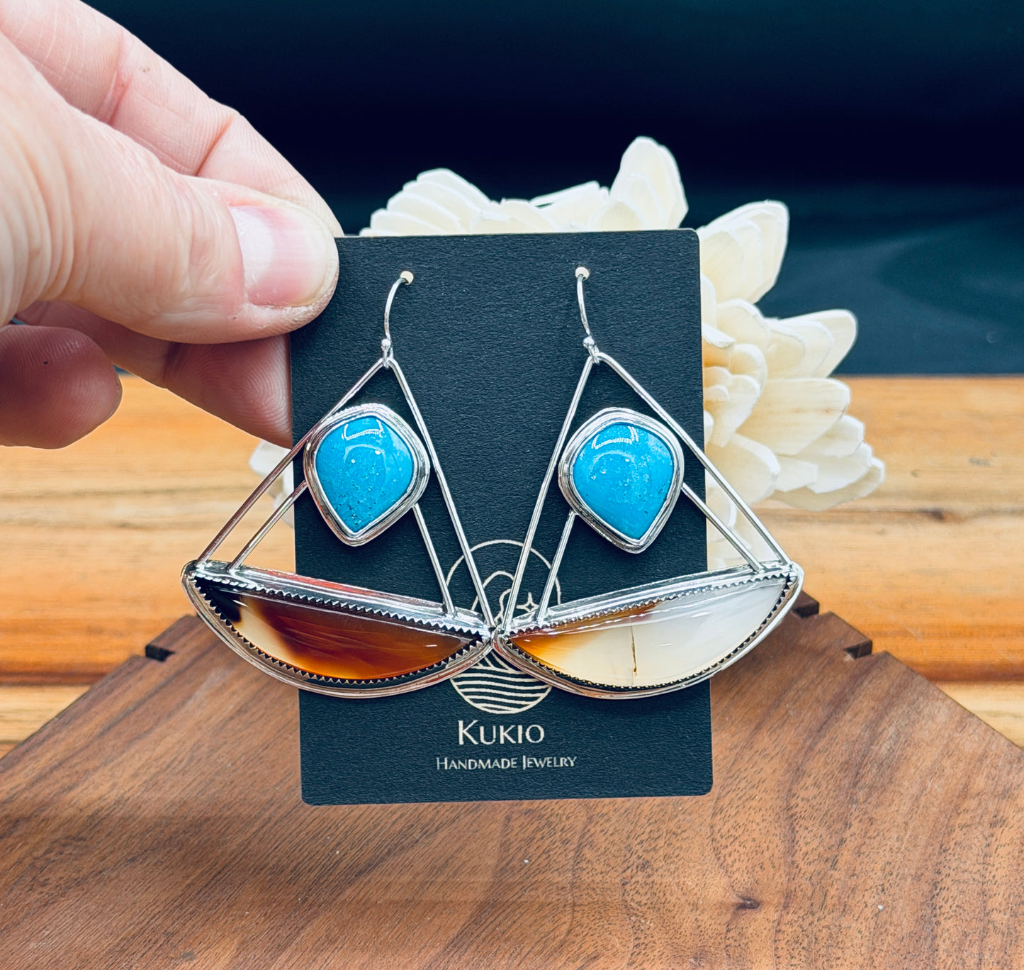 Montana Agate with Number 8 Turquoise Sterling Silver Earrings