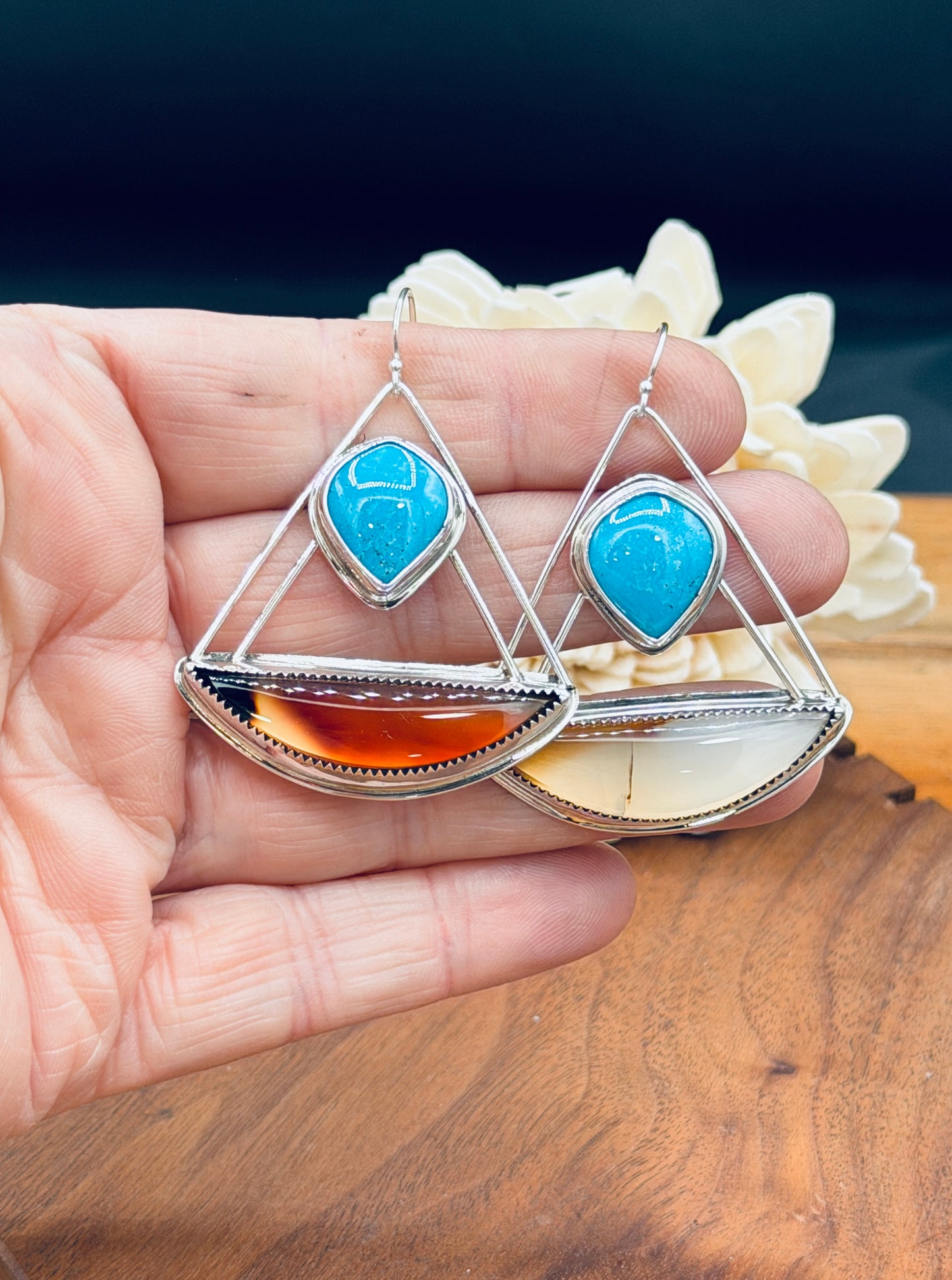 Montana Agate with Number 8 Turquoise Sterling Silver Earrings