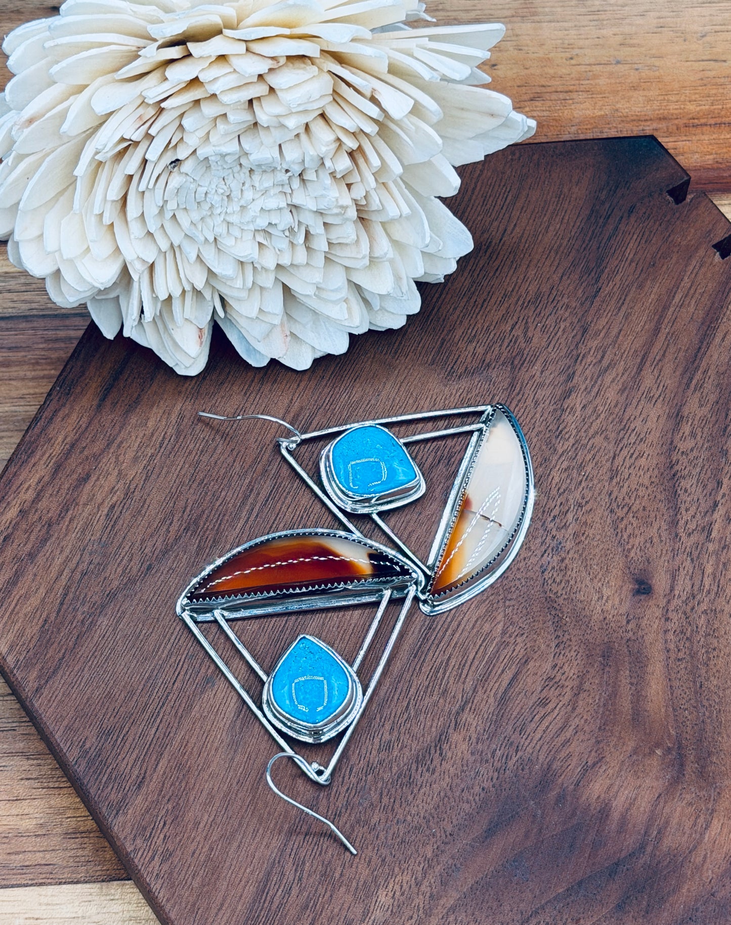 Montana Agate with Number 8 Turquoise Sterling Silver Earrings
