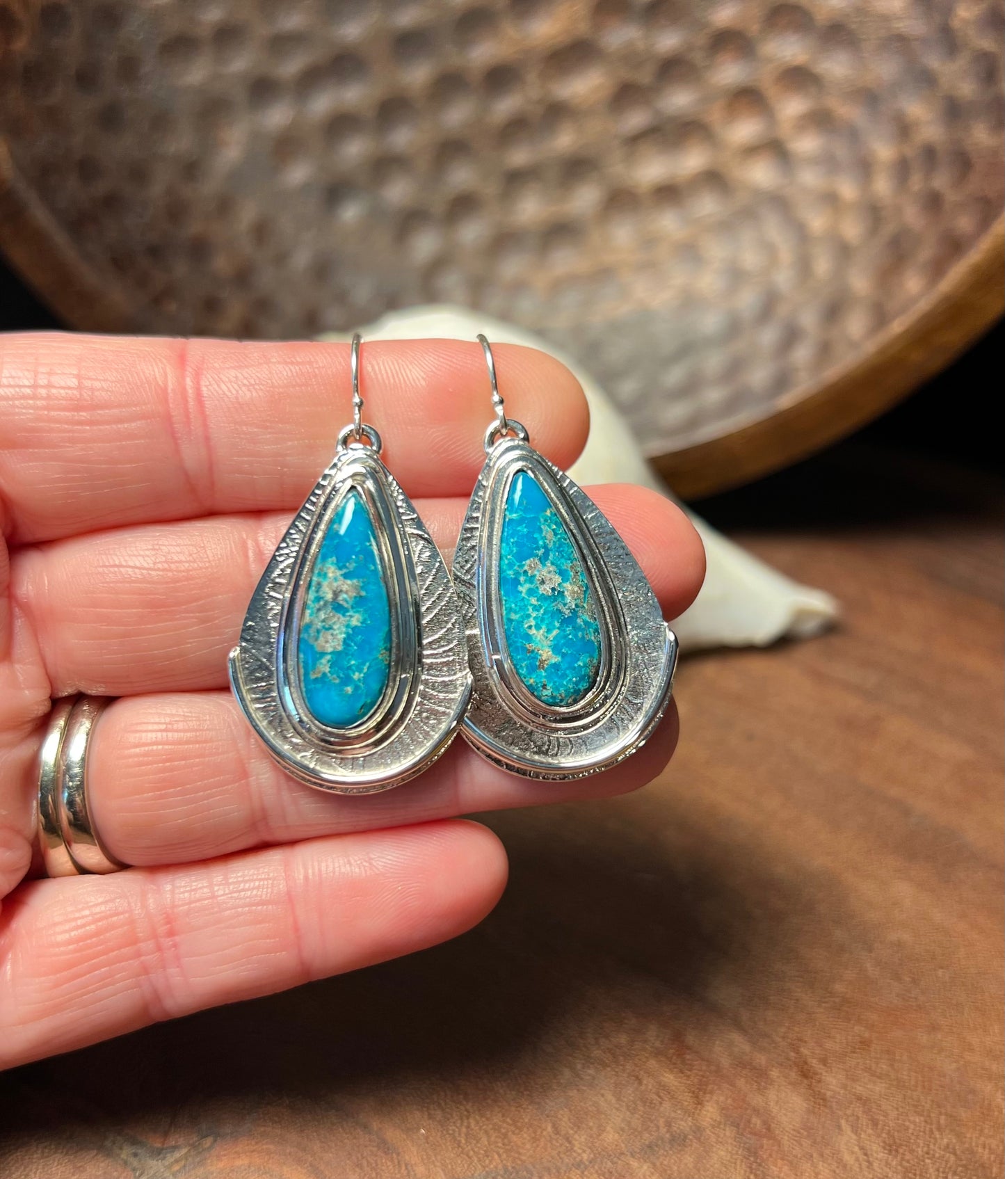 Persian Turquoise Patterned Sterling Silver Teardrop Earrings