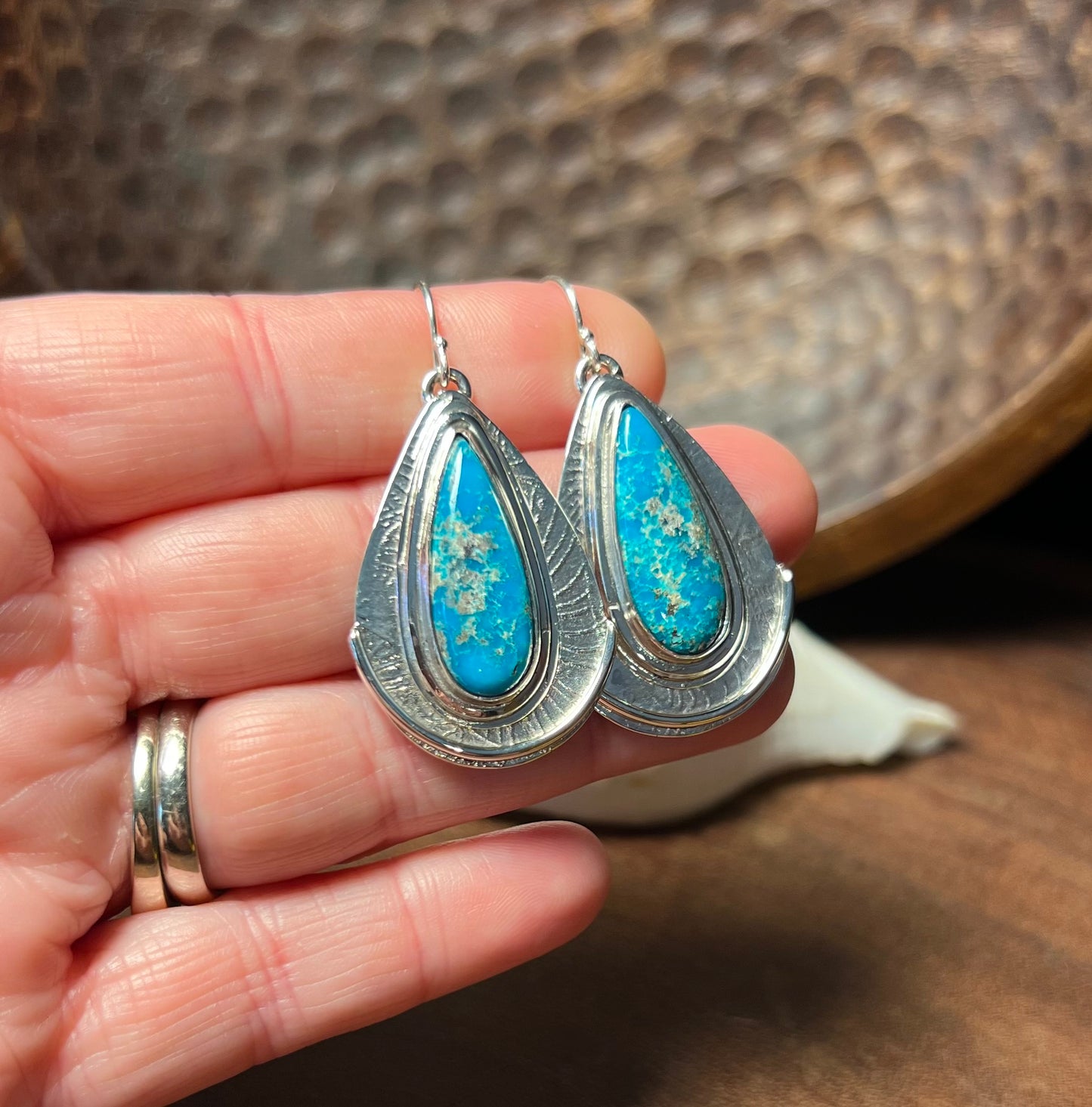 Persian Turquoise Patterned Sterling Silver Teardrop Earrings