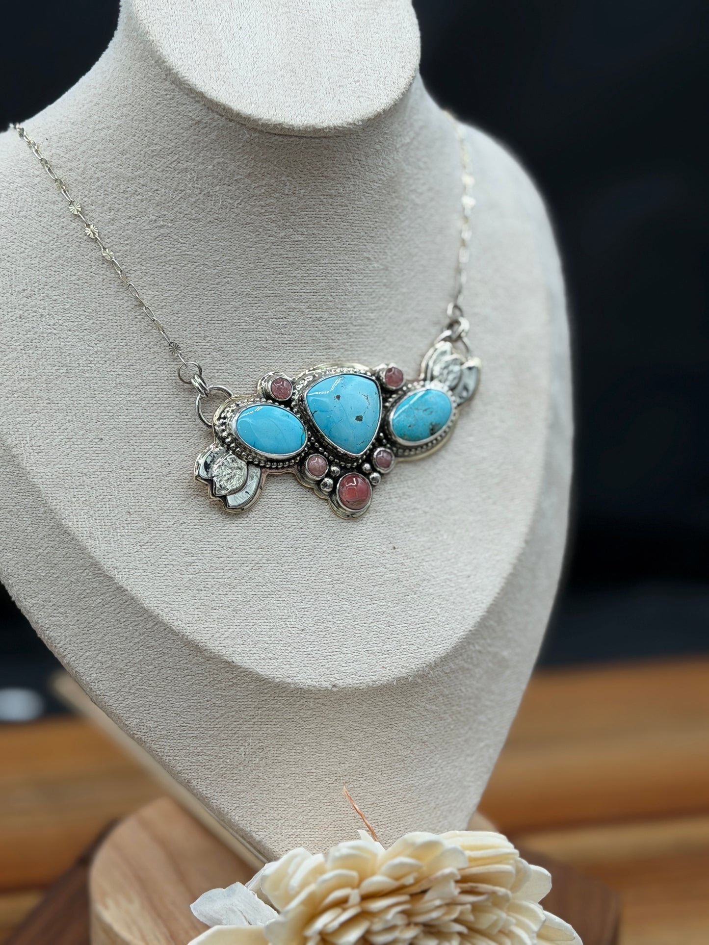Sonoran Mountain and Rhodochrosite Sterling Silver and Brass Pendant