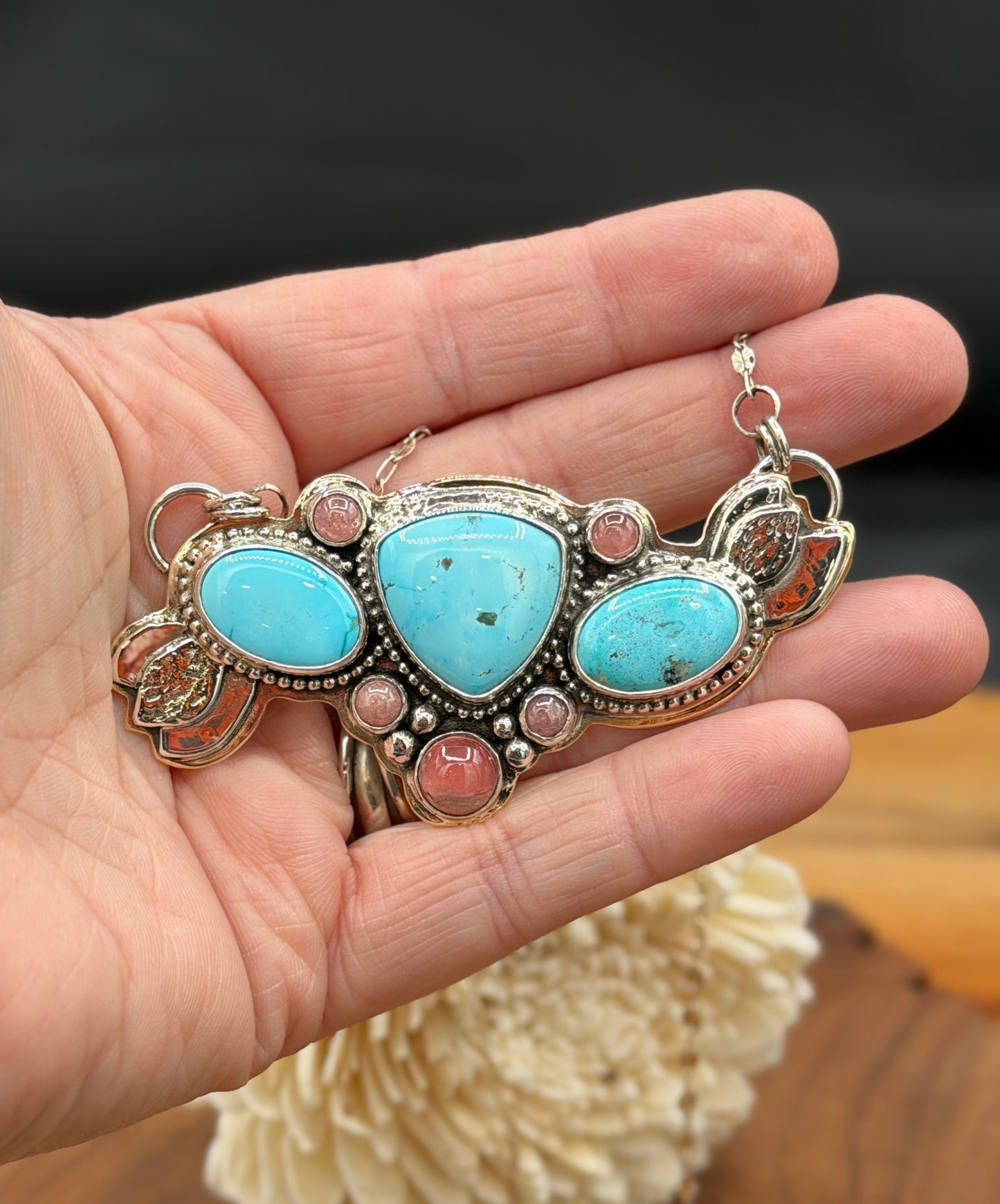 Sonoran Mountain and Rhodochrosite Sterling Silver and Brass Pendant