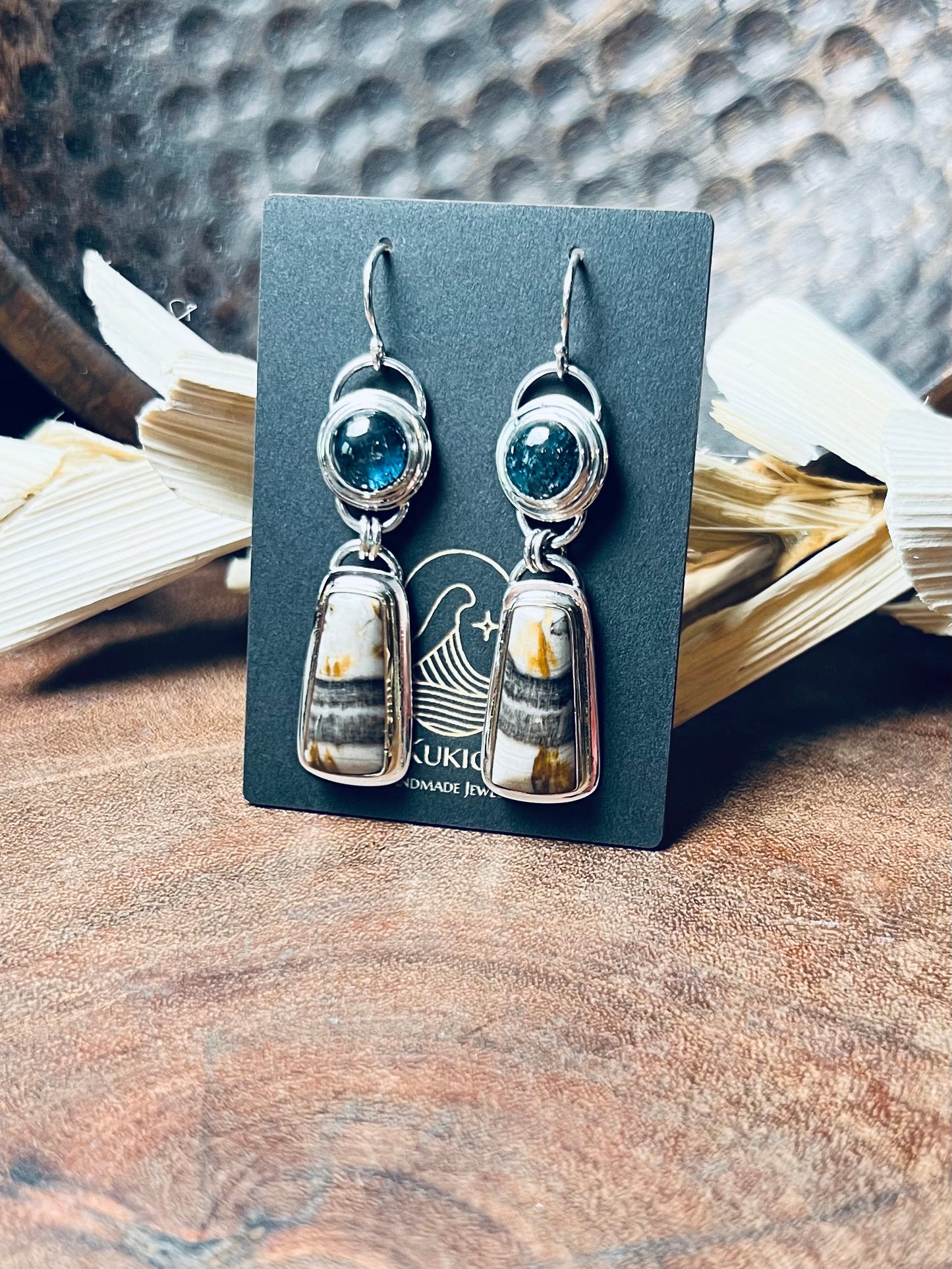 Smokey Petrified Wood and Teal Moss Kyanite Earrings