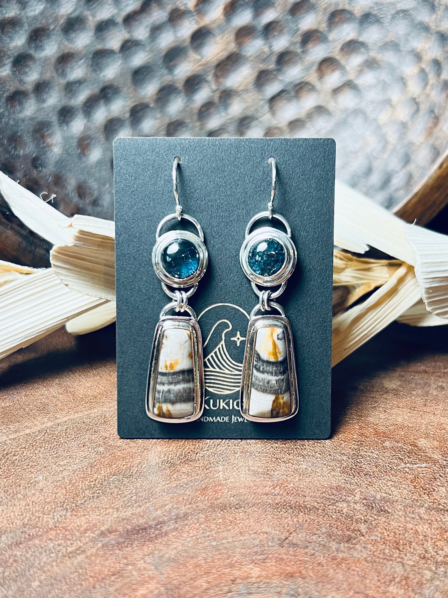 Smokey Petrified Wood and Teal Moss Kyanite Earrings