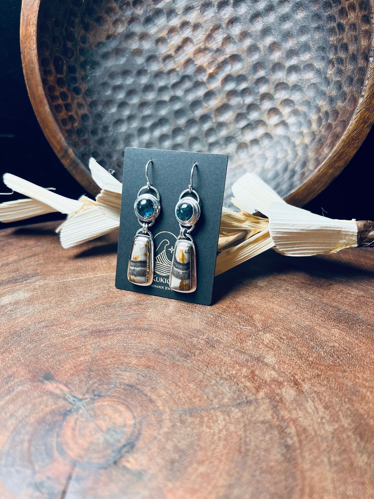 Smokey Petrified Wood and Teal Moss Kyanite Earrings