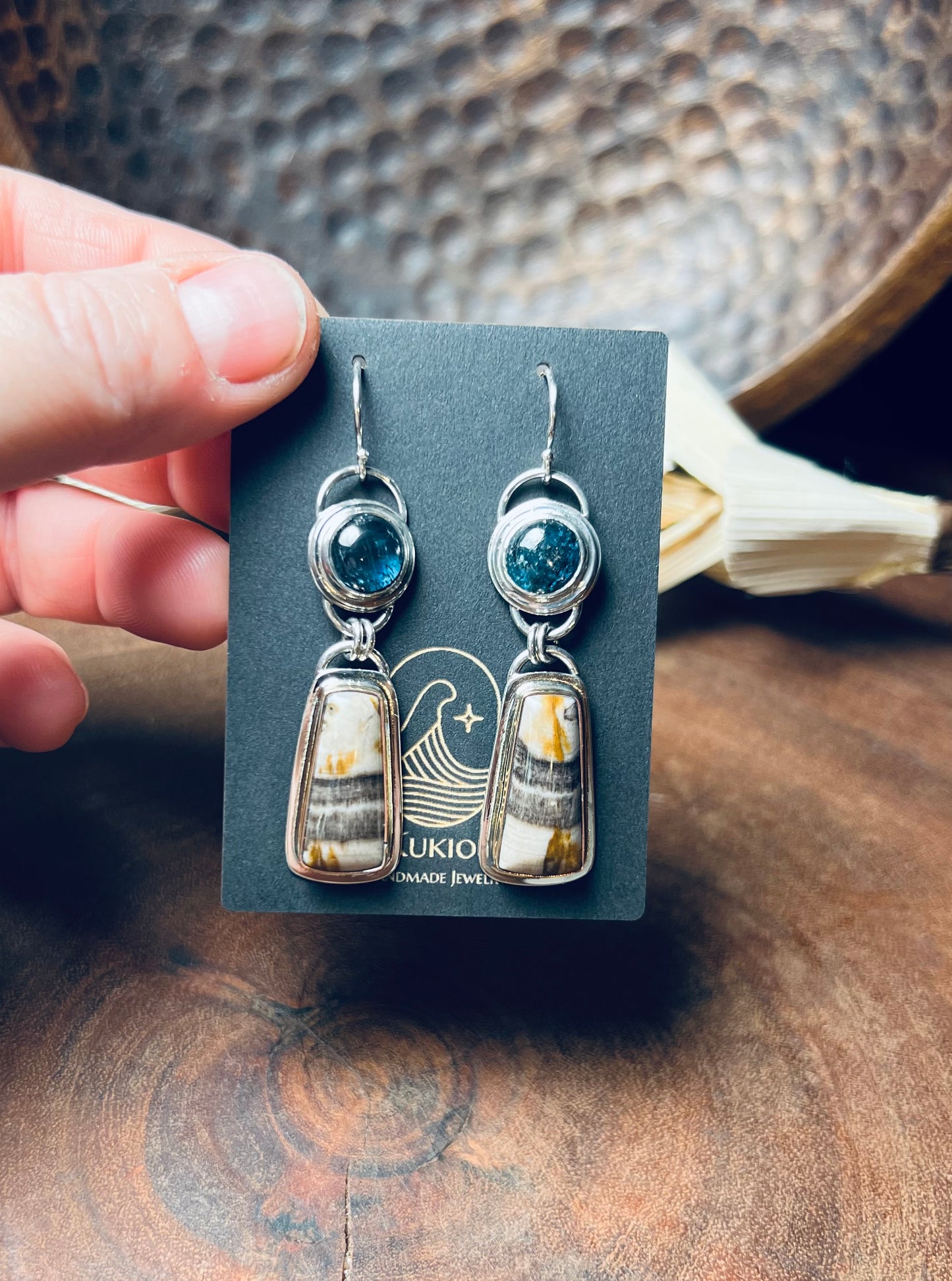 Smokey Petrified Wood and Teal Moss Kyanite Earrings