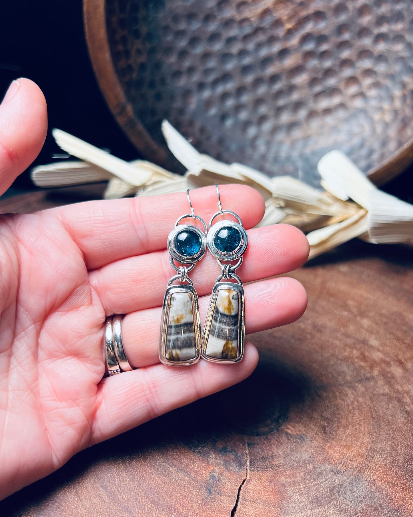 Smokey Petrified Wood and Teal Moss Kyanite Earrings