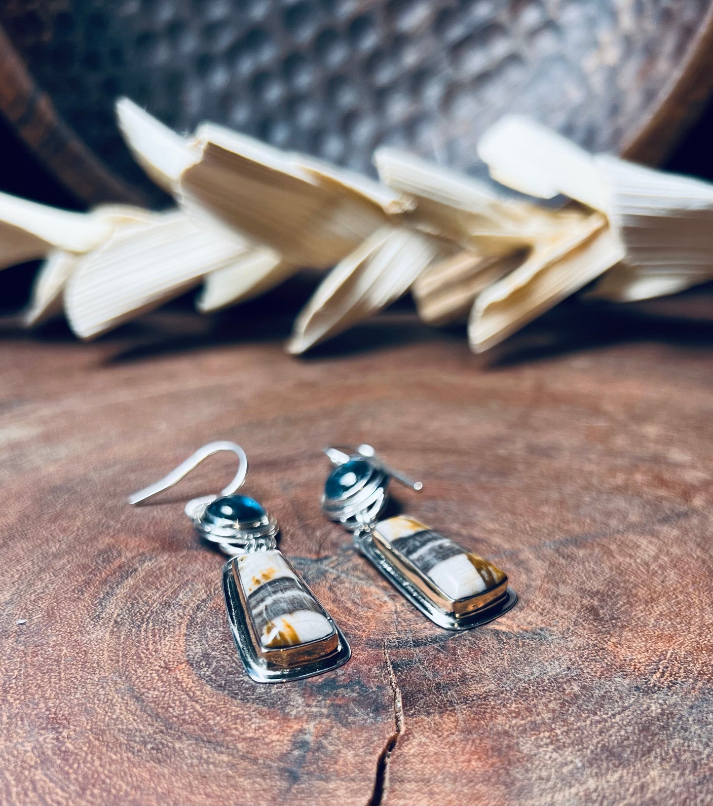 Smokey Petrified Wood and Teal Moss Kyanite Earrings