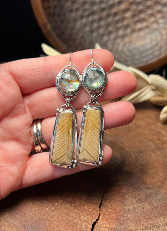 Hells Canyon Petrified Wood and Abalone Sterling Silver and 14k Filled Gold Earrings