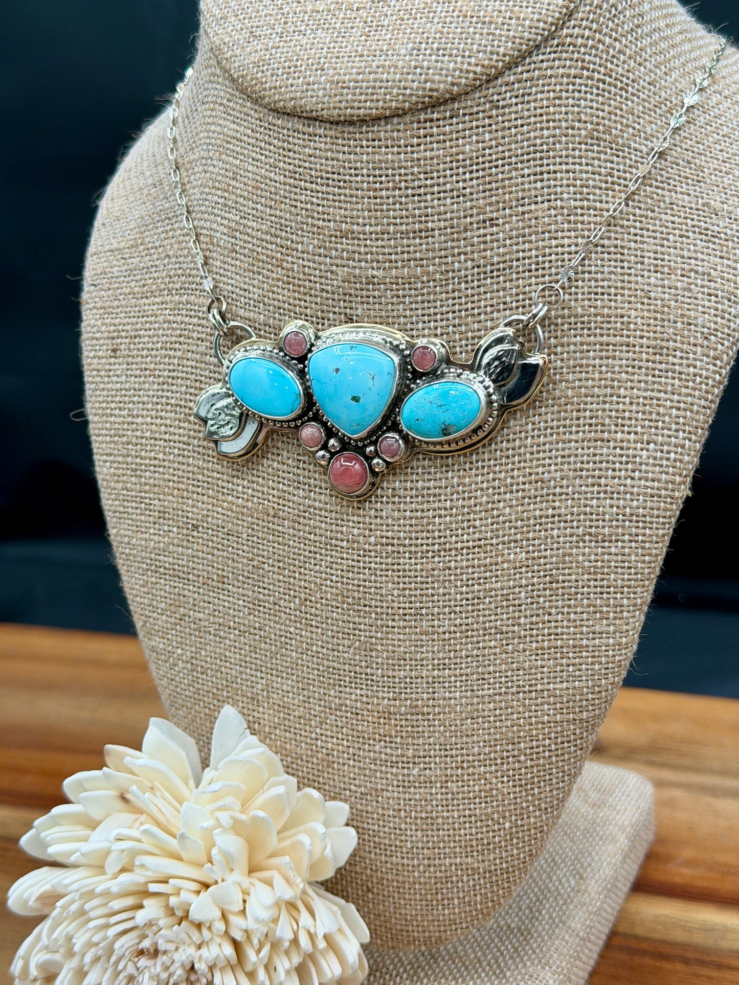 Sonoran Mountain and Rhodochrosite Sterling Silver and Brass Pendant