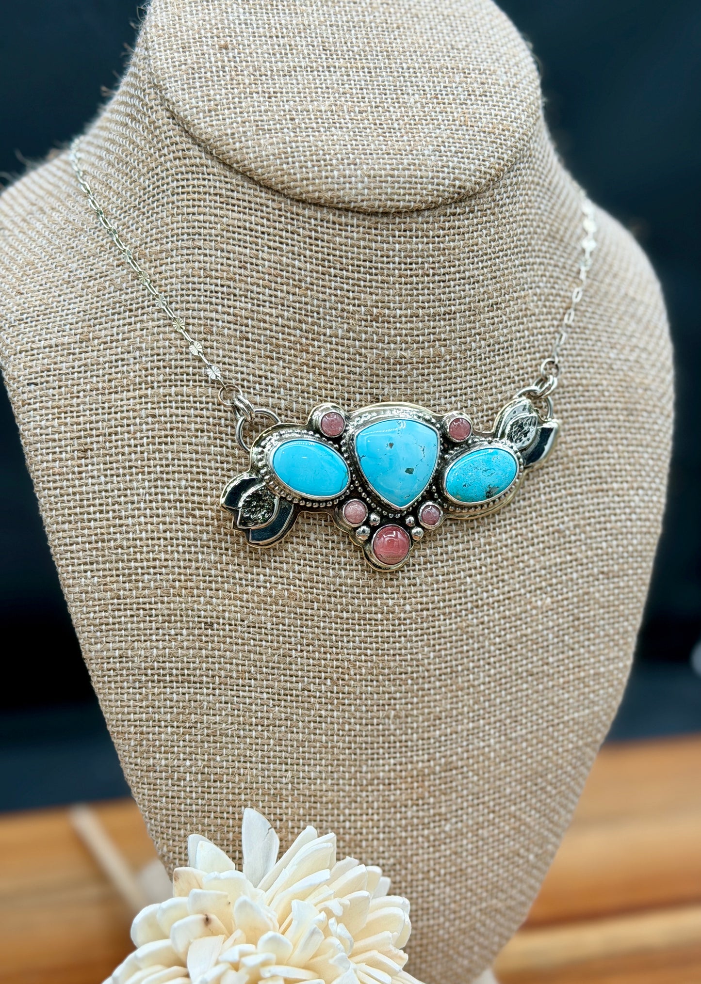 Sonoran Mountain and Rhodochrosite Sterling Silver and Brass Pendant