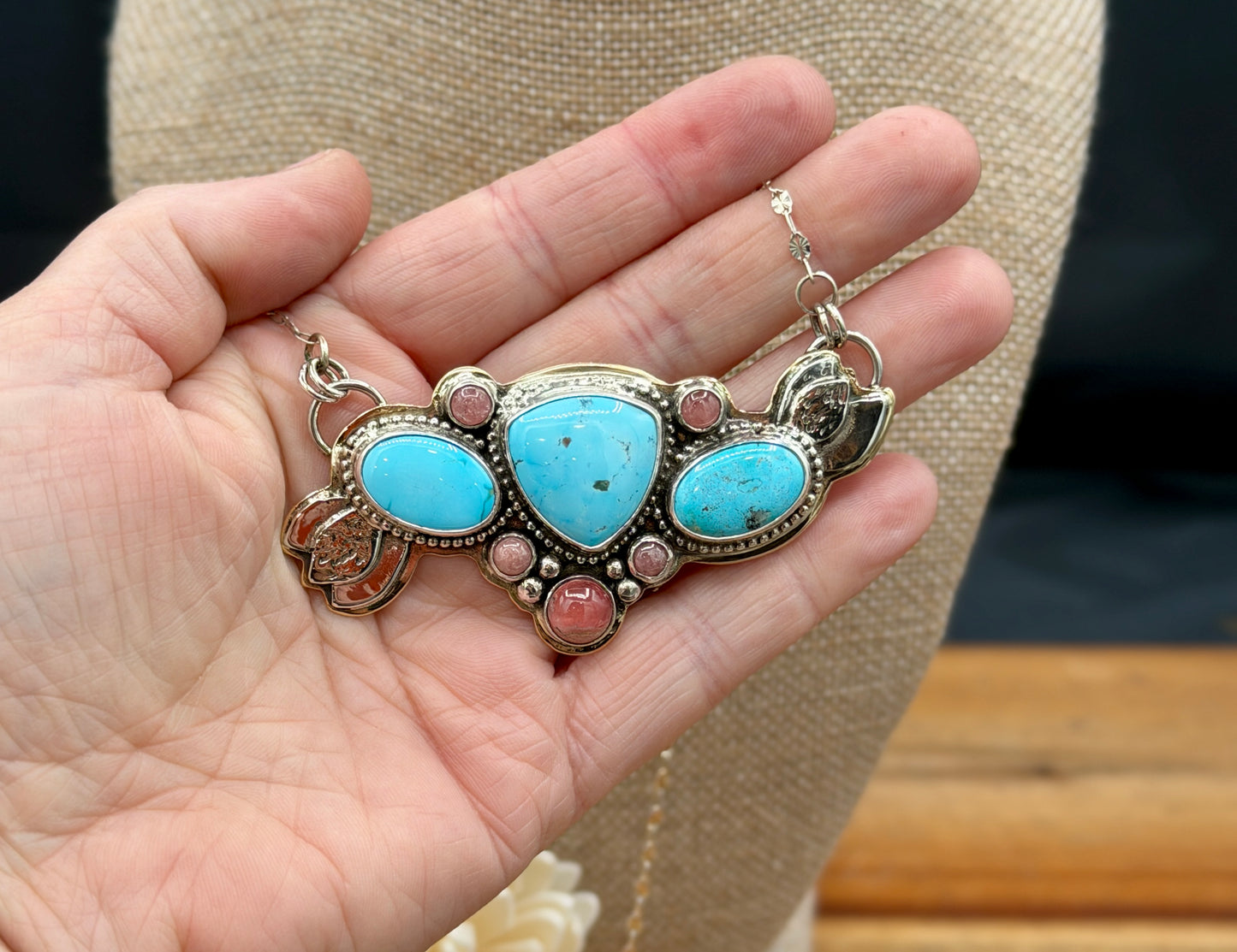 Sonoran Mountain and Rhodochrosite Sterling Silver and Brass Pendant