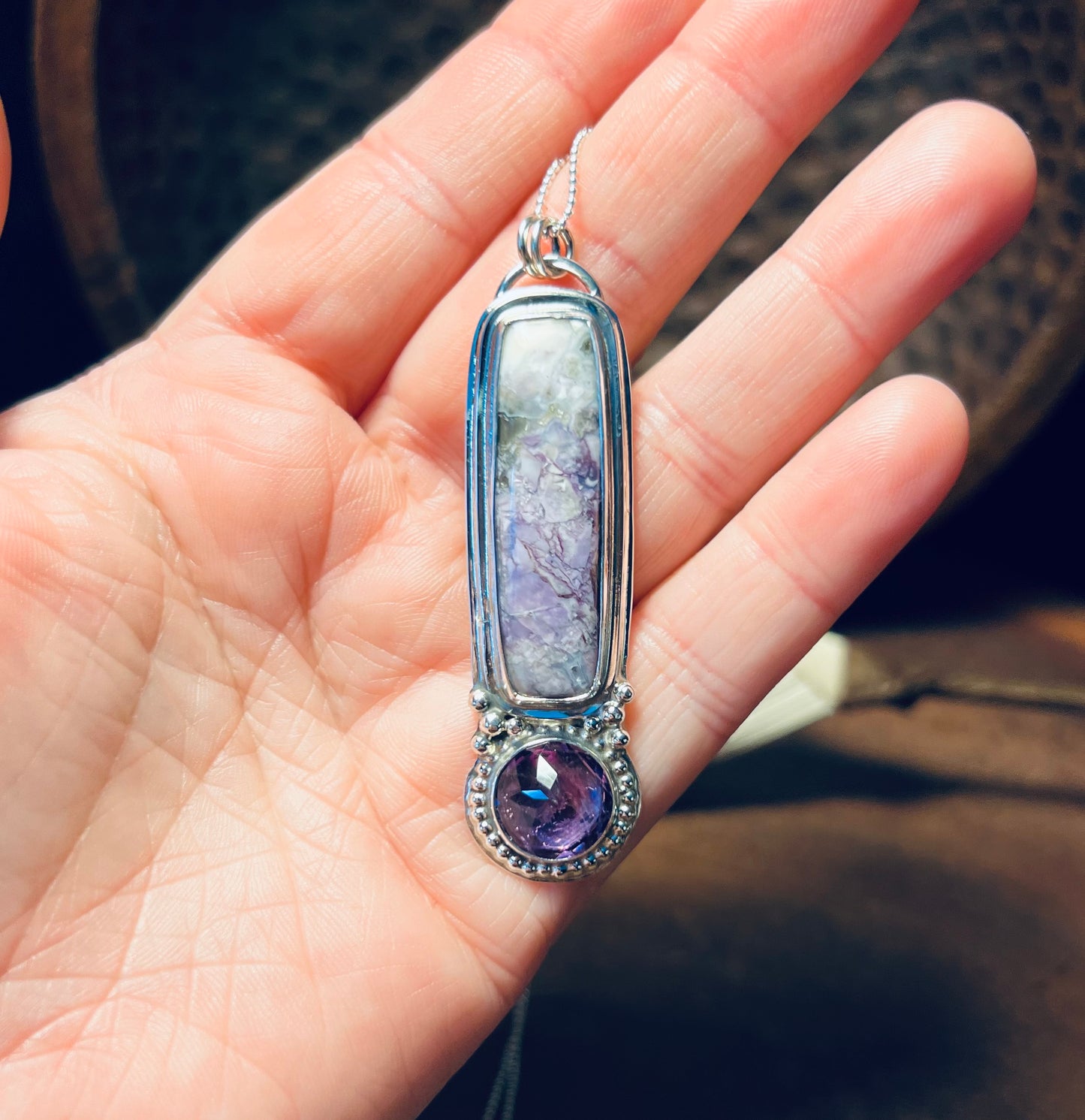 Sterling Silver Tiffany Stone and Amethyst Long Pendant