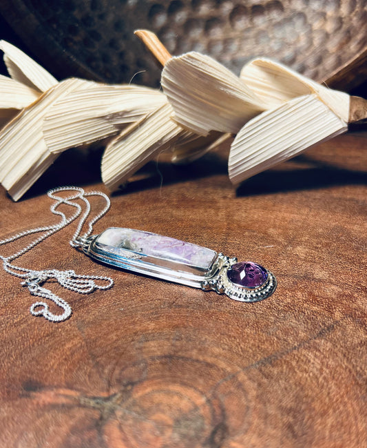 Sterling Silver Tiffany Stone and Amethyst Long Pendant