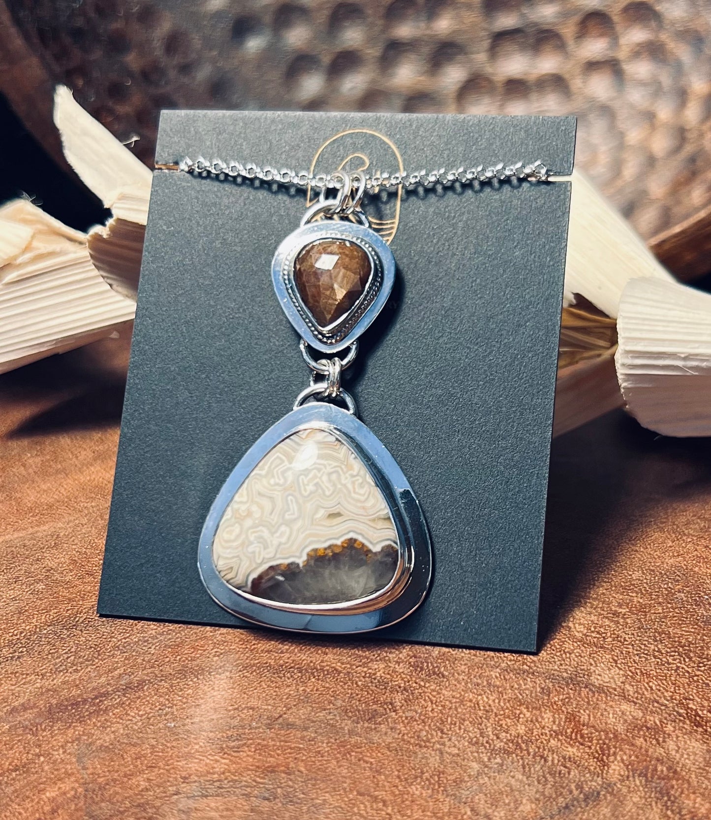 Laguna Lace Agate and Gold Sheen Sapphire Sterling Silver Pendant