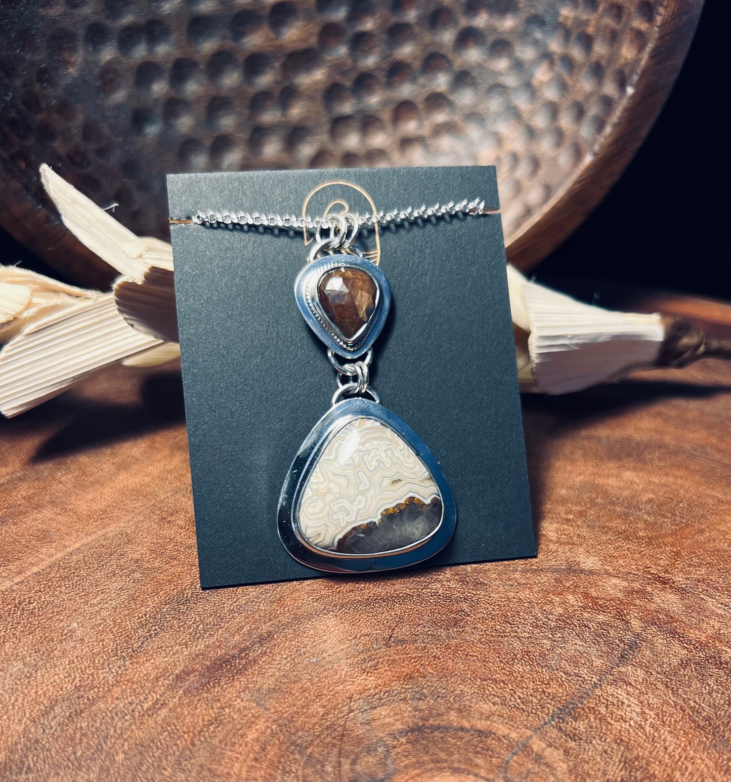 Laguna Lace Agate and Gold Sheen Sapphire Sterling Silver Pendant