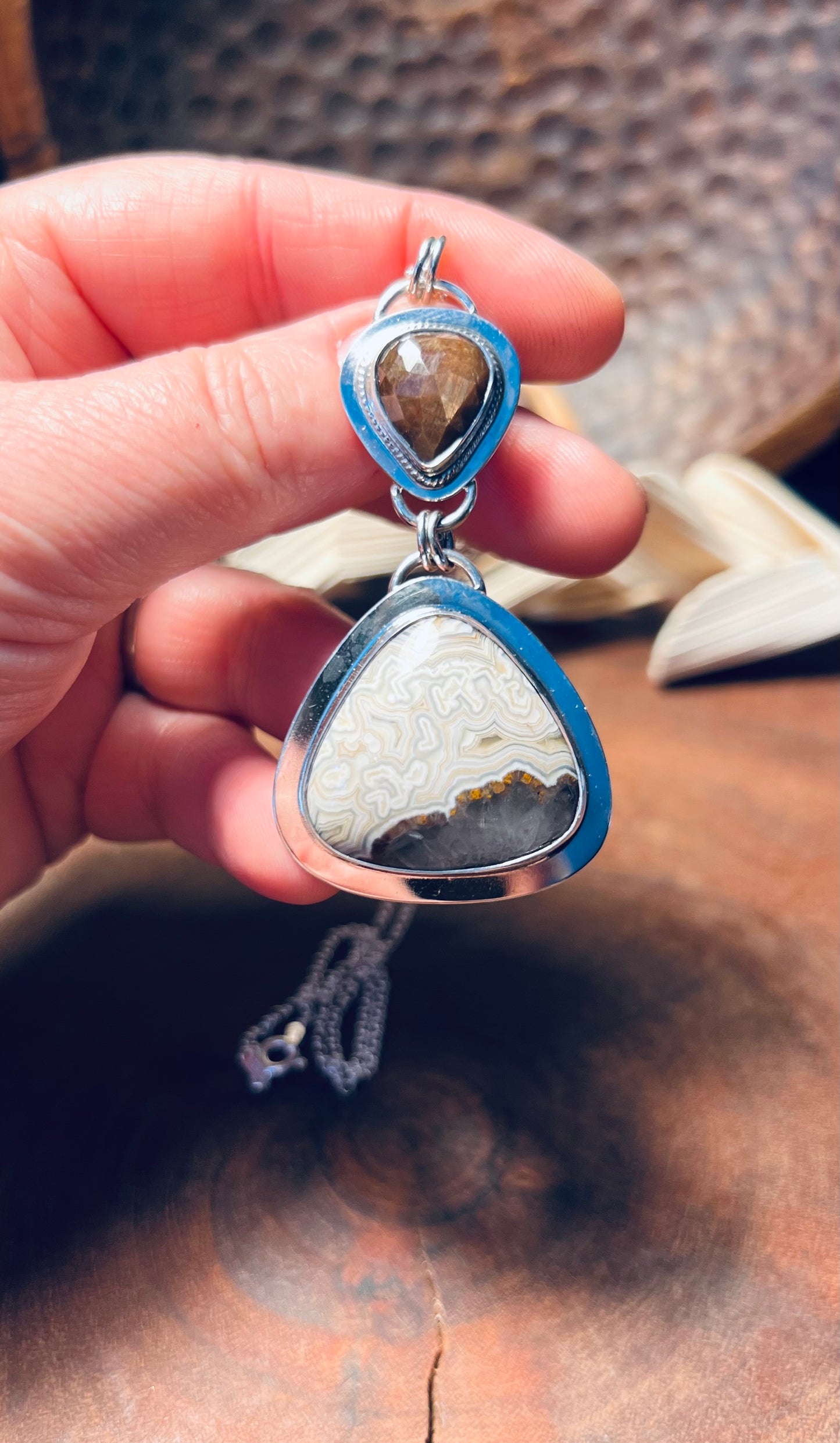 Laguna Lace Agate and Gold Sheen Sapphire Sterling Silver Pendant