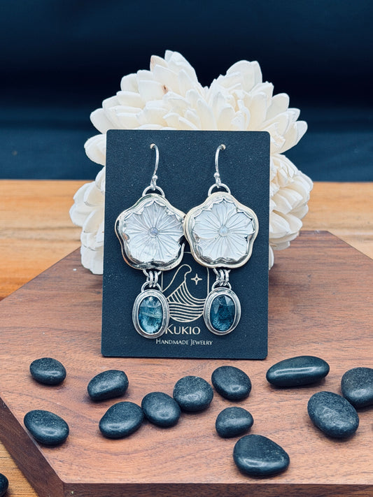 Mother of Pearl Plumeria Flower and Teal Moss Kyanite Earrings